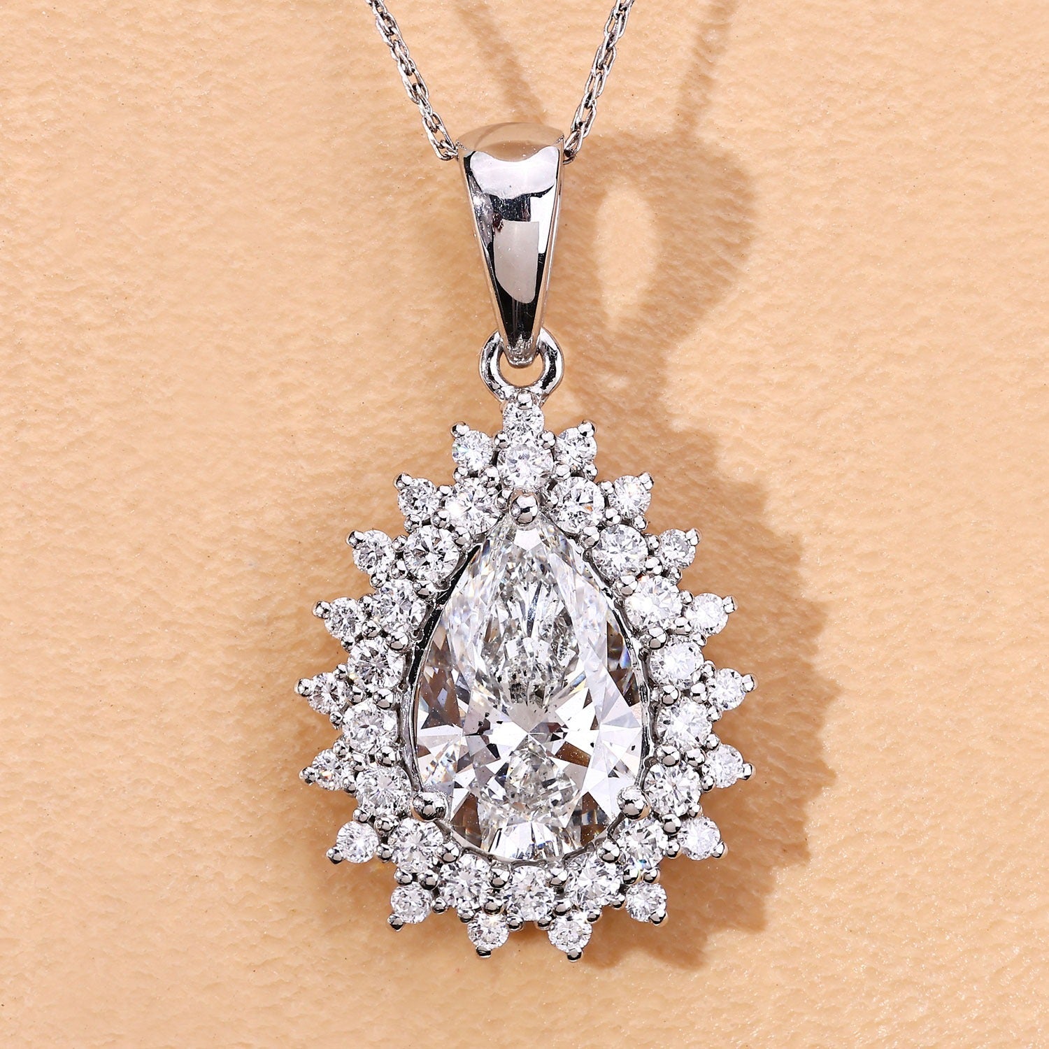 3.90 Ct Pear Shaped Lab Diamond Prong Platinum Bridal Floral Halo Teardrop Pendant