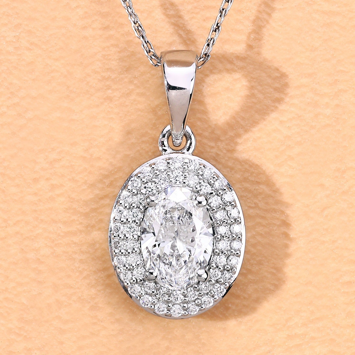 0.92 Ct Oval Lab Grown Diamond Prong Platinum Double Halo Bridal Pendant