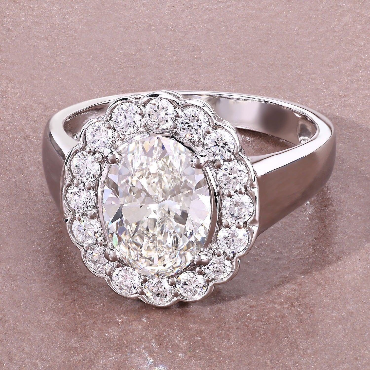 2.48 Ct Oval Lab Grown Diamond Prong Platinum Floral Halo Bridal Ring