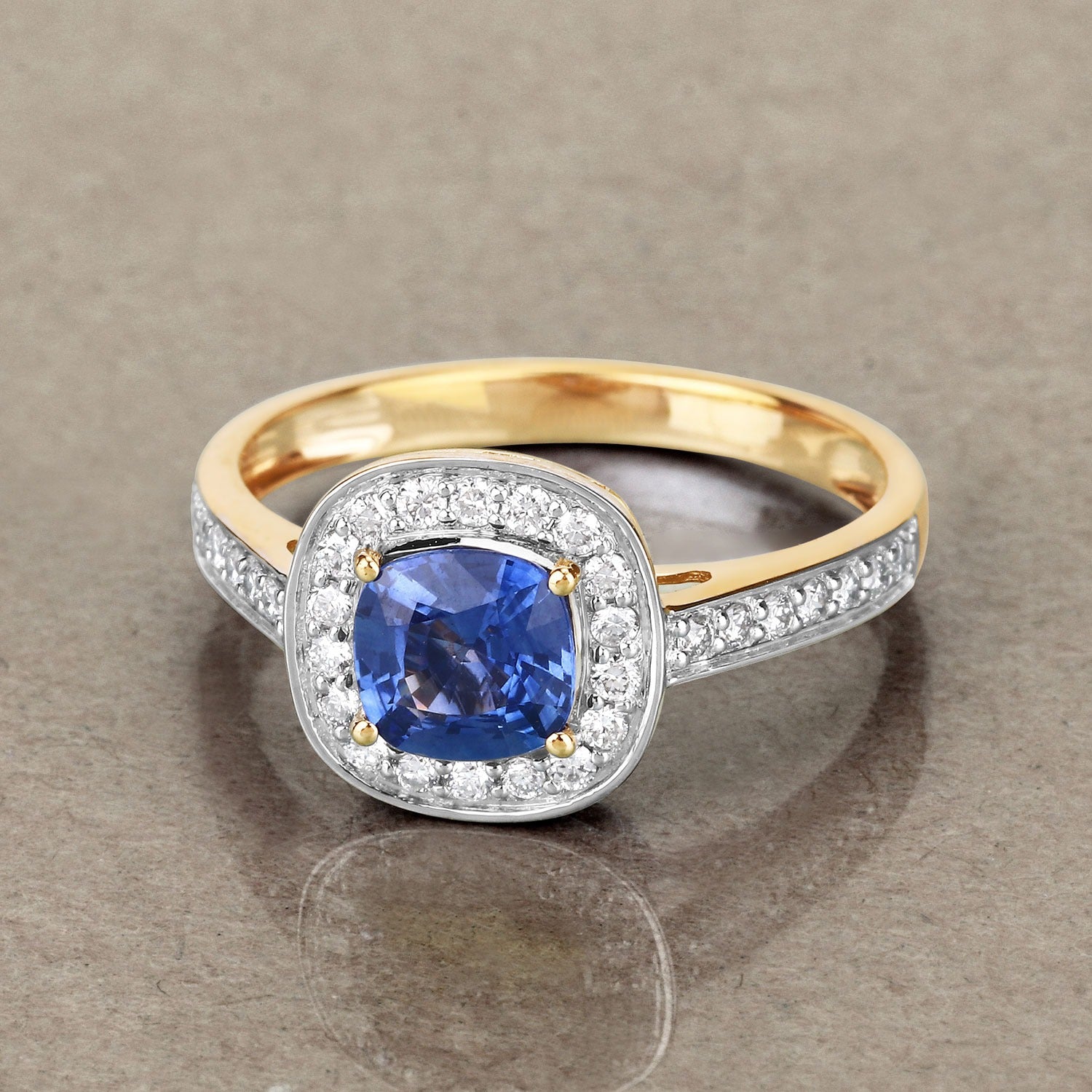1.31 Ct Cushion Blue Sapphire and White Diamond Prong 18K Yellow Gold Halo Pave Bridge Ring