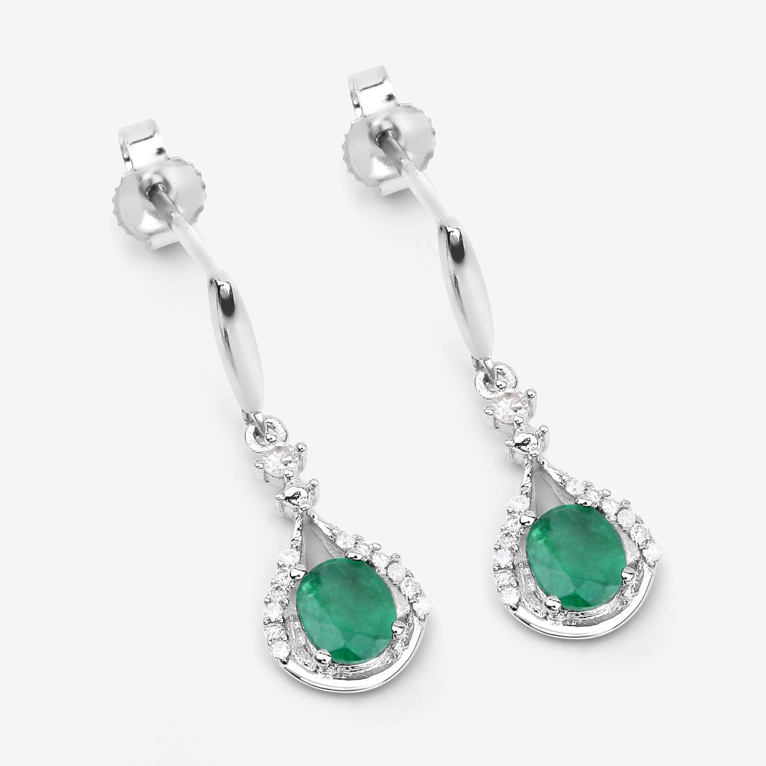 0.70 Ct Oval Green Zambian Emerald and Diamond 14K White Gold Dangle Drop Earrings