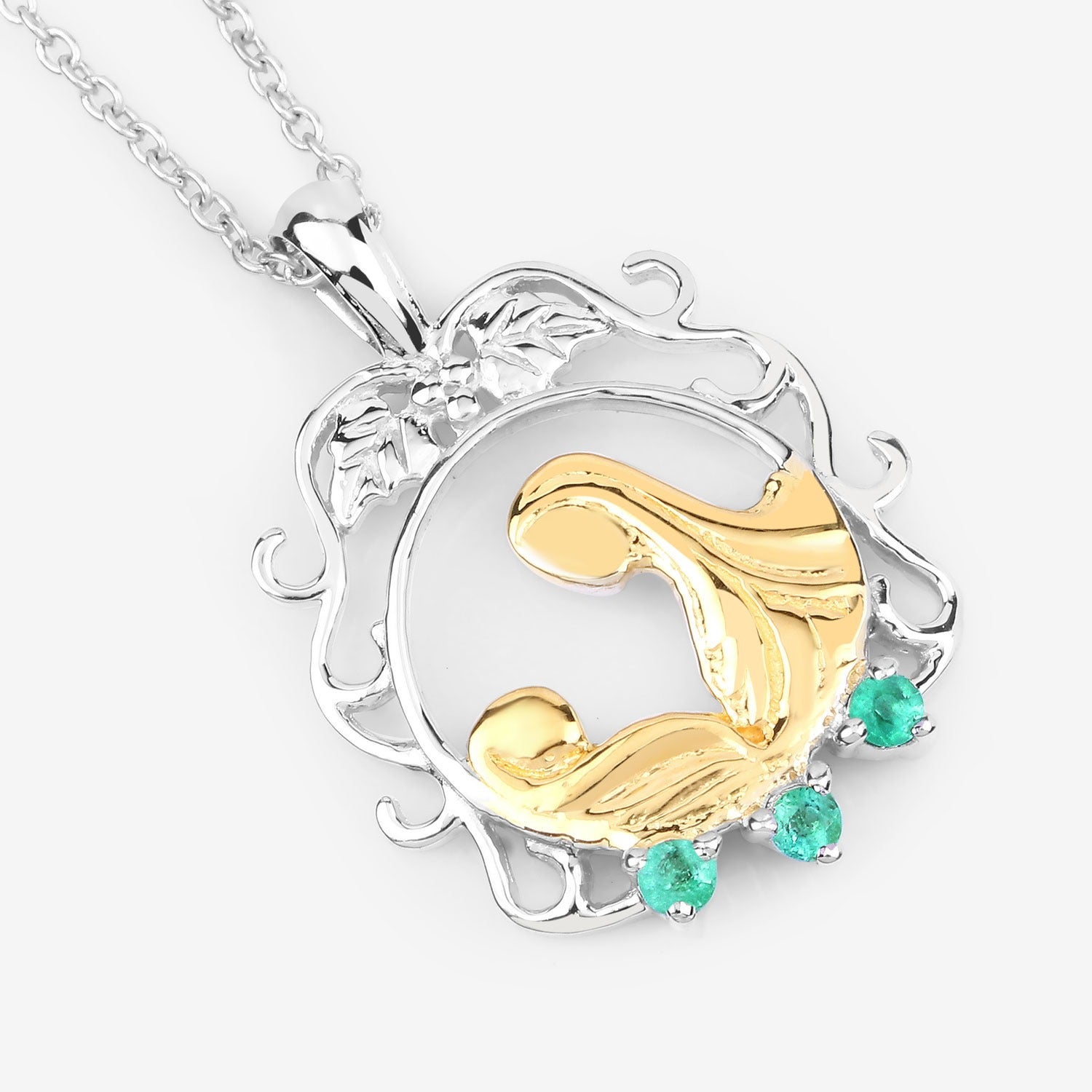 Round Green Emerald Prong Silver Pendant Necklace