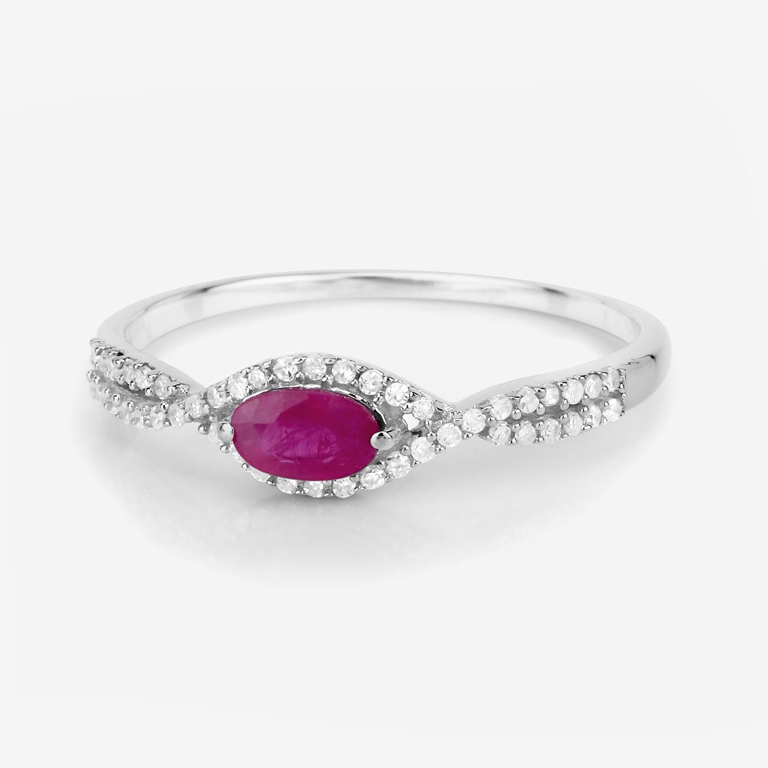 0.40 Ct Oval Shaped Pink Ruby and White Diamond 14K White Gold Crossover Halo Ring