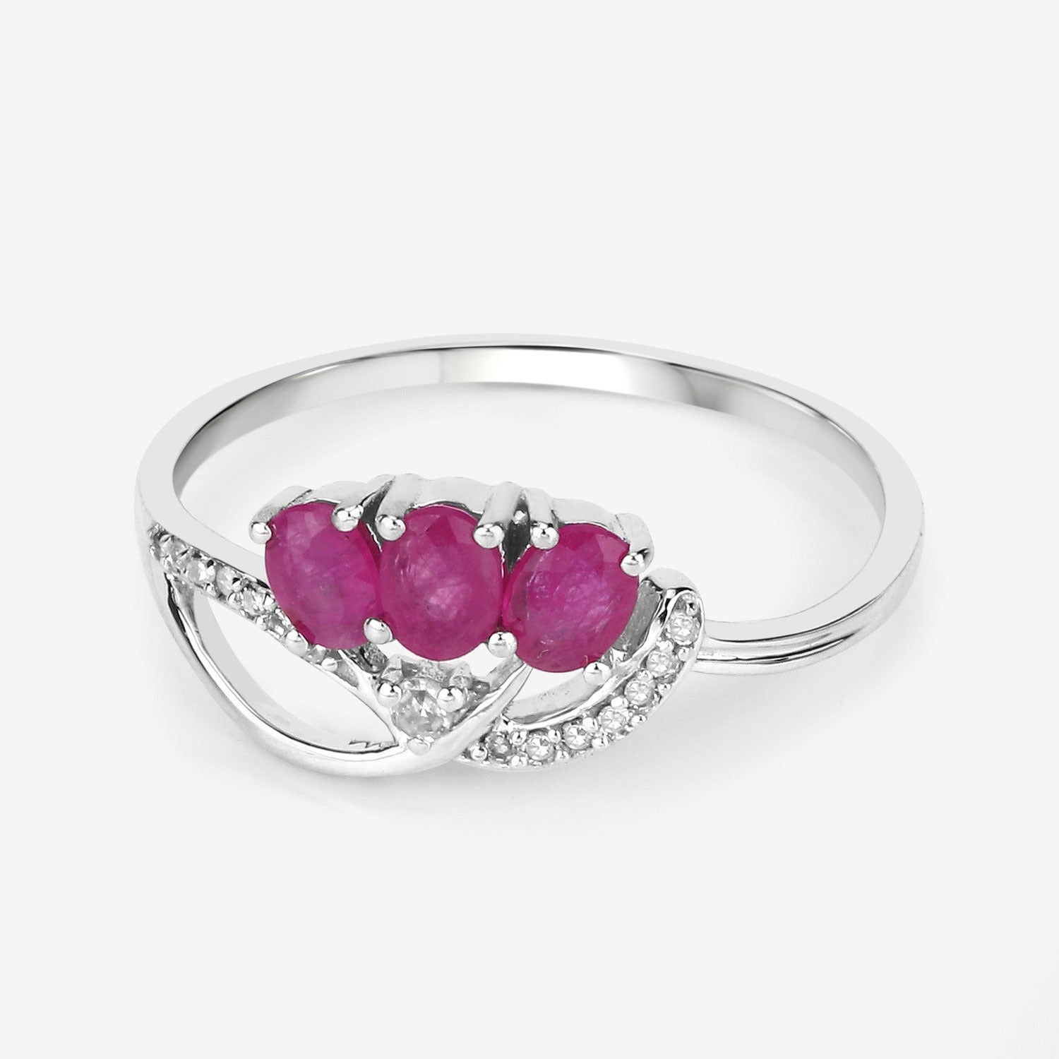 0.72 Ct Oval Shaped Pink Ruby and White Diamond Prong 14K White Gold Pave Three Stone Knot Ring