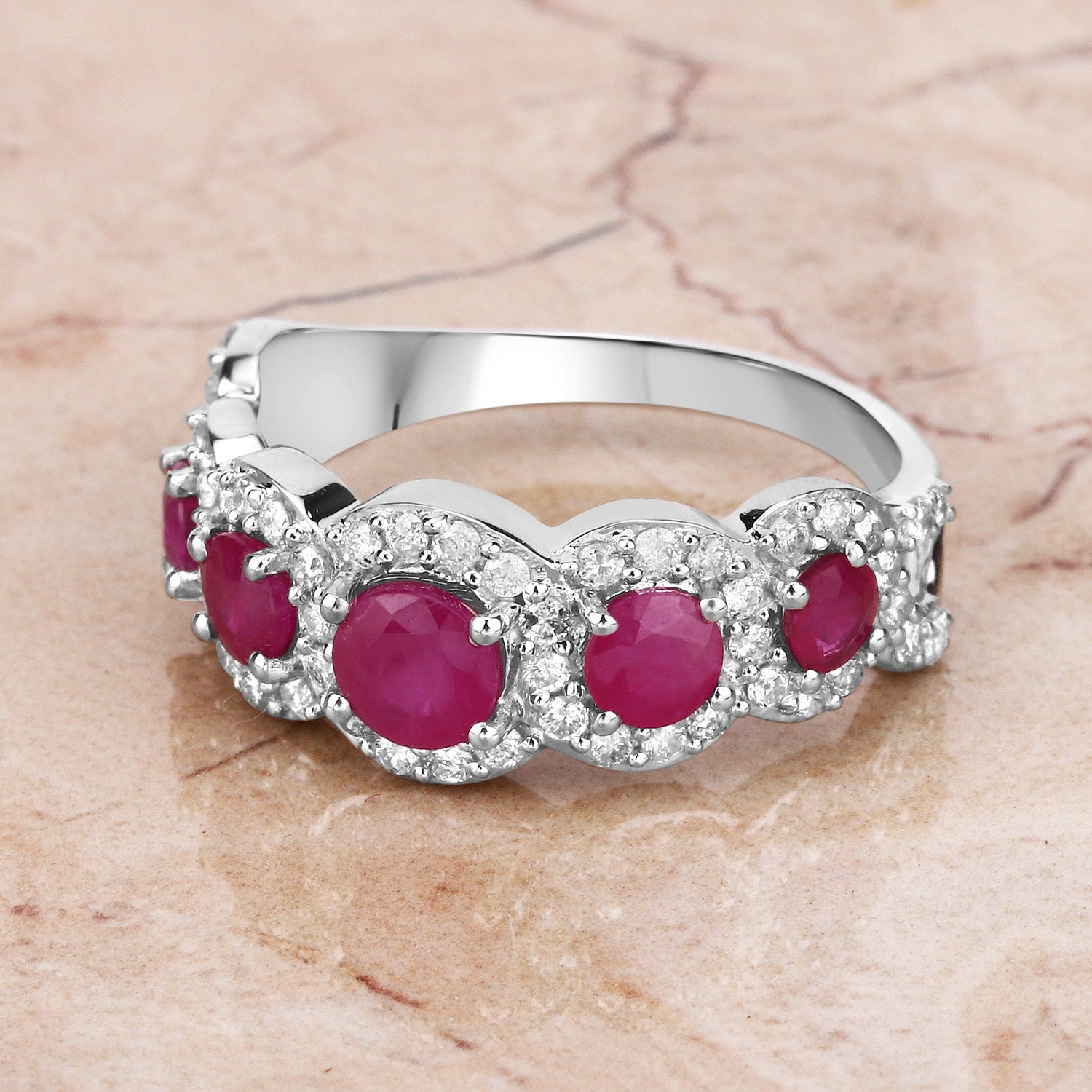 1.99 Ct Round Cut Pink Ruby and White Diamond Prong 14K White Gold Five Stone Halo Ring