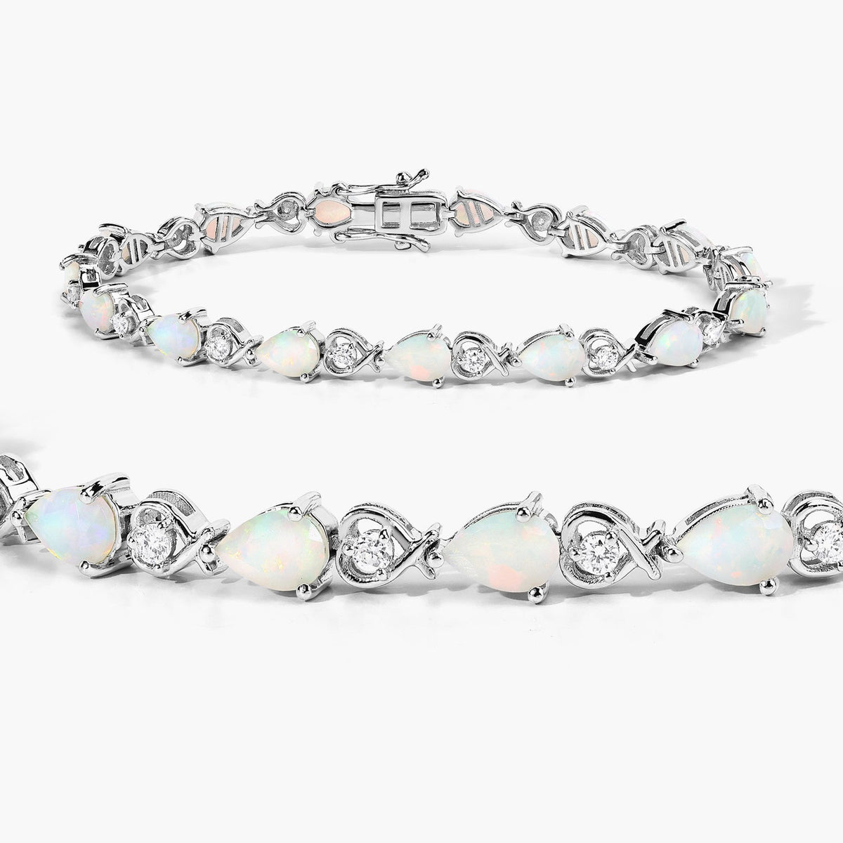 4.28 Ct Pear White Ethiopian Opal Lab Grown Diamond Rhodium Over Sterling Silver Link Bracelet