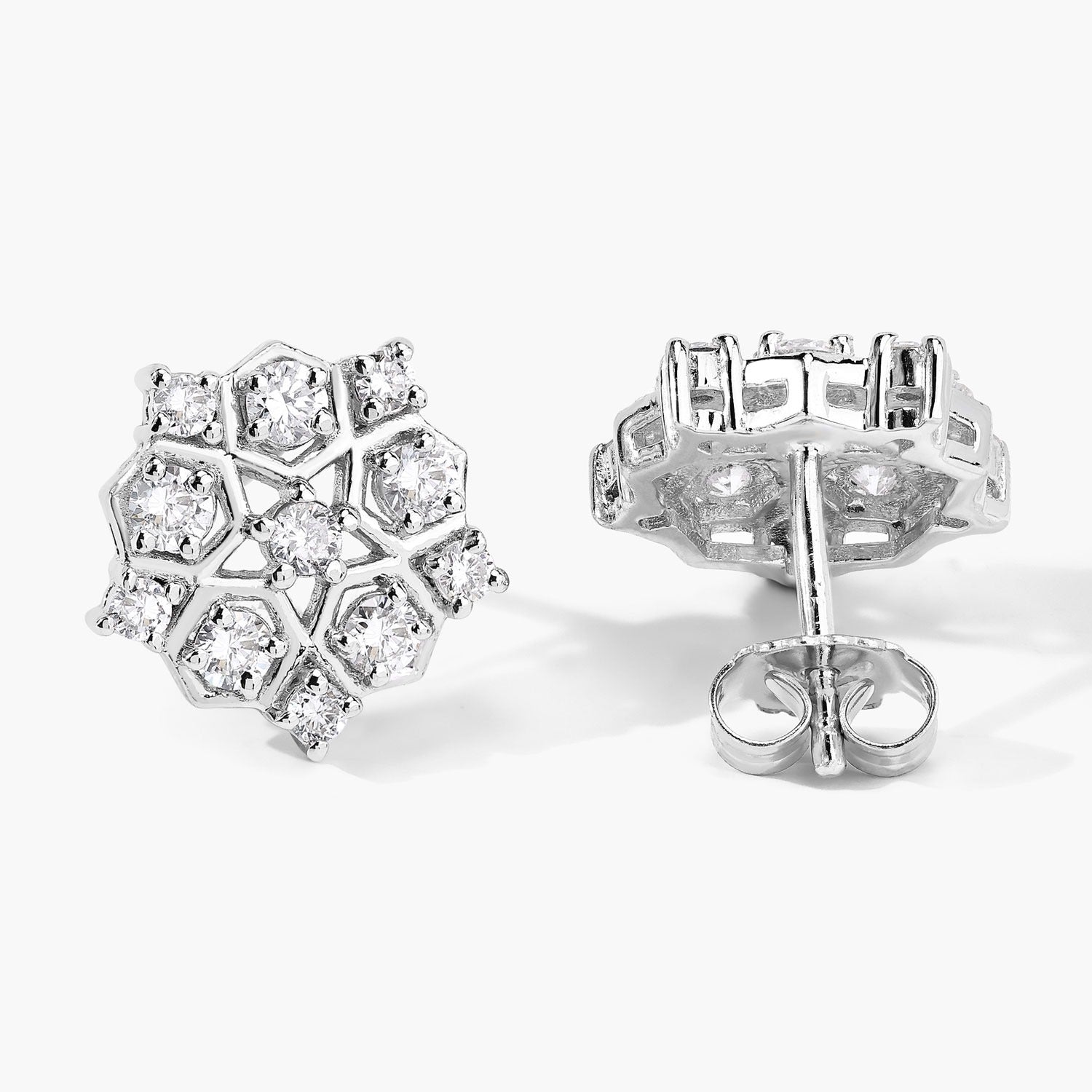 1.00 Cttw Round White Lab Diamond Prong Rhodium Plated Silver Hexagon Cluster Stud Earrings