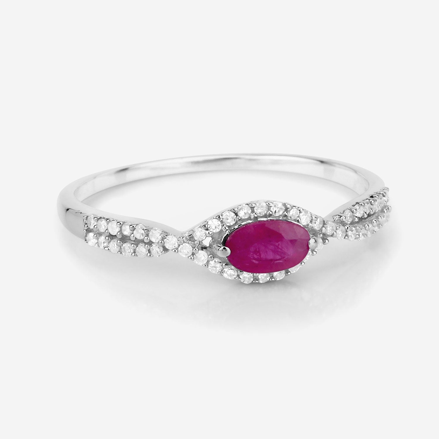 0.40 Ct Oval Shaped Pink Ruby and White Diamond 14K White Gold Crossover Halo Ring