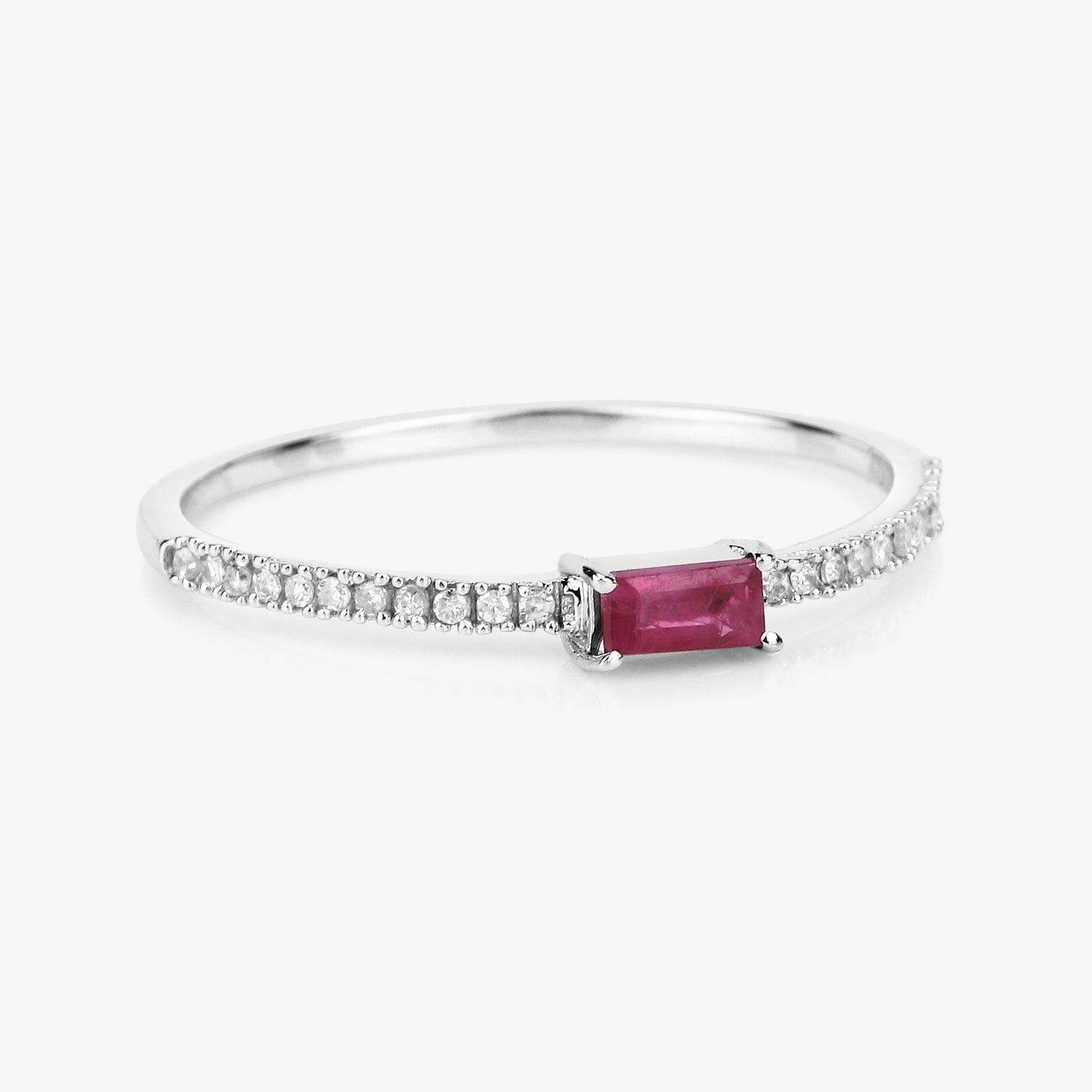 0.22 Ct Baguette Cut Pink Ruby and White Diamond Prong 14K White Gold Bridge Stackable Pave Ring