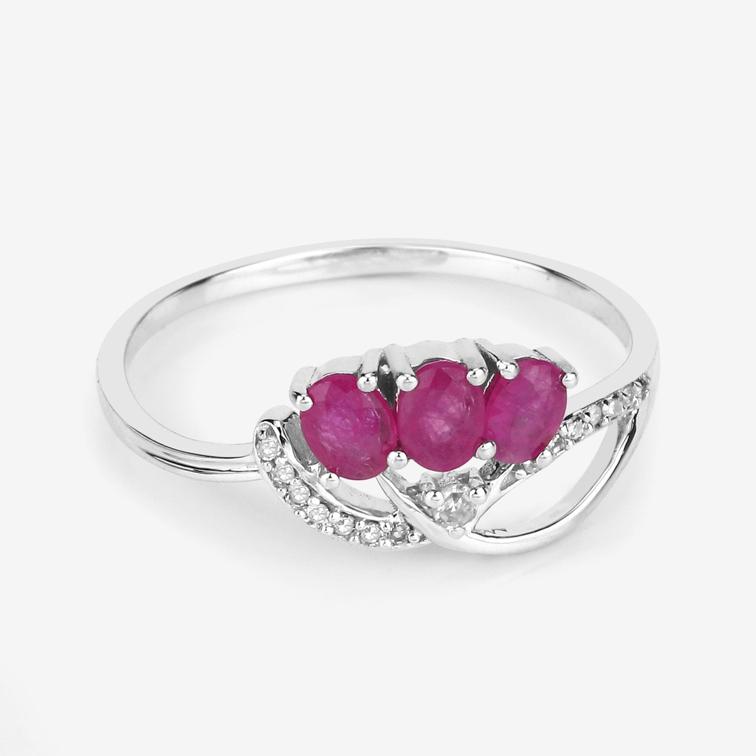 0.72 Ct Oval Shaped Pink Ruby and White Diamond Prong 14K White Gold Pave Three Stone Knot Ring