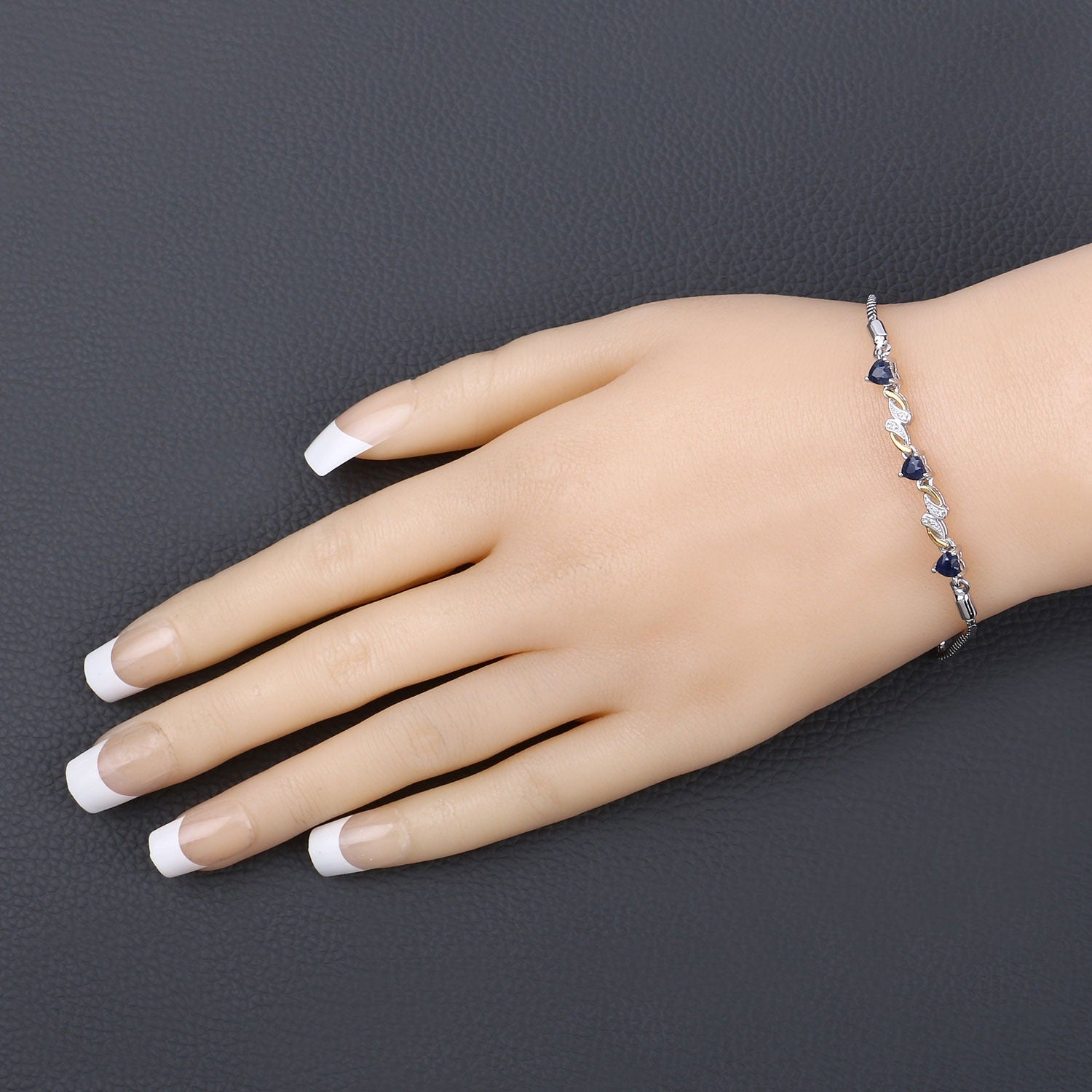 Genuine Blue Sapphire and White Sapphire Silver  Heart Bracelet