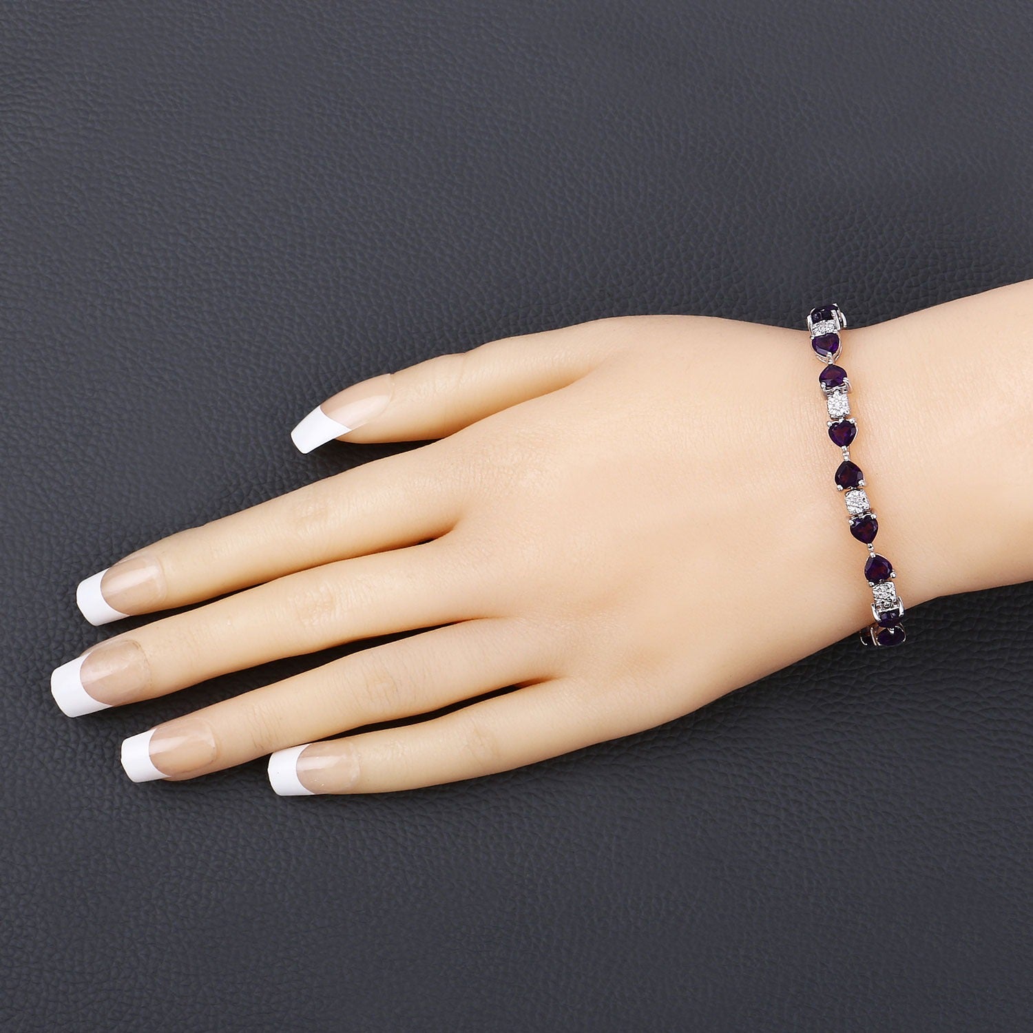 Genuine Amethyst and Diamond Silver Heart Bracelet