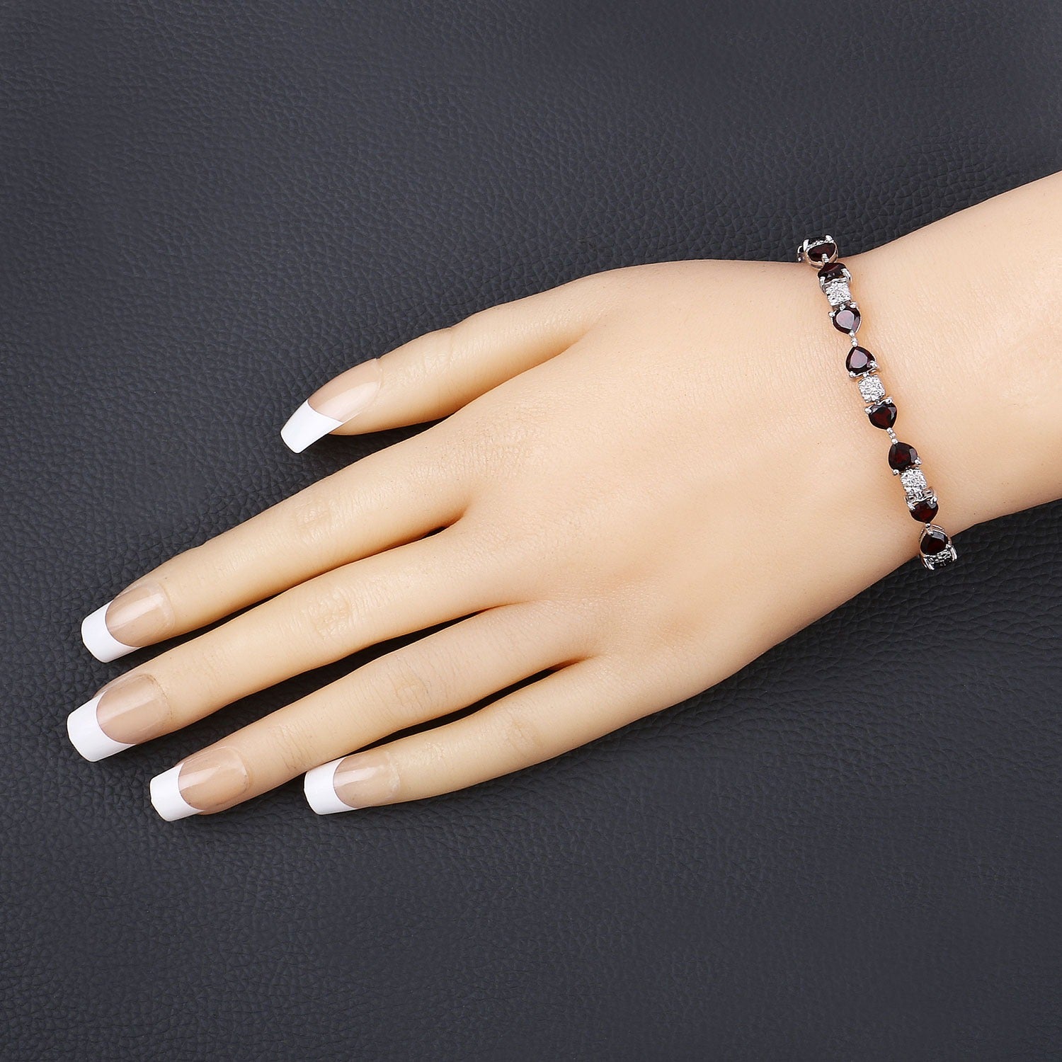 Genuine Red Garnet and Diamond Silver Heart Bracelet