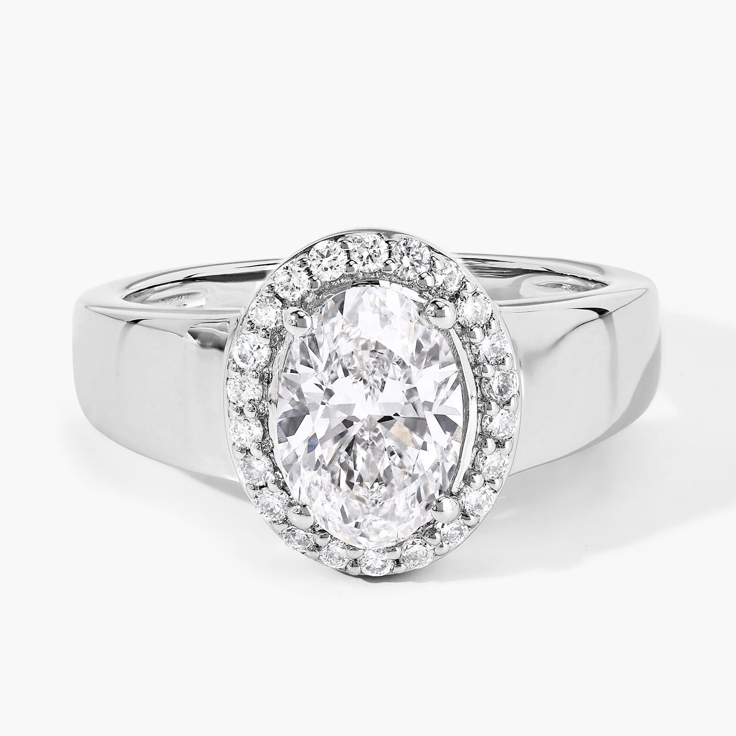1.80 Ct Oval Lab Grown Diamond Prong Thick Band Platinum Halo Bridal Ring