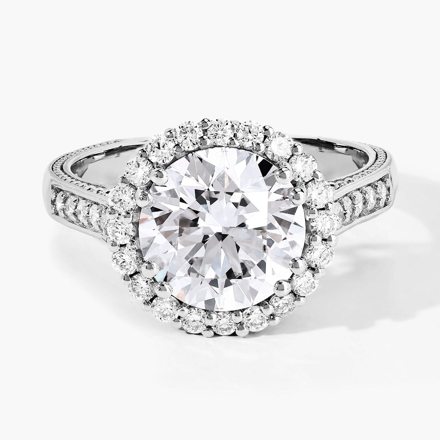 3.64 Ct Round Lab Diamond Platinum Bridal Halo Pave Cathedral Ring