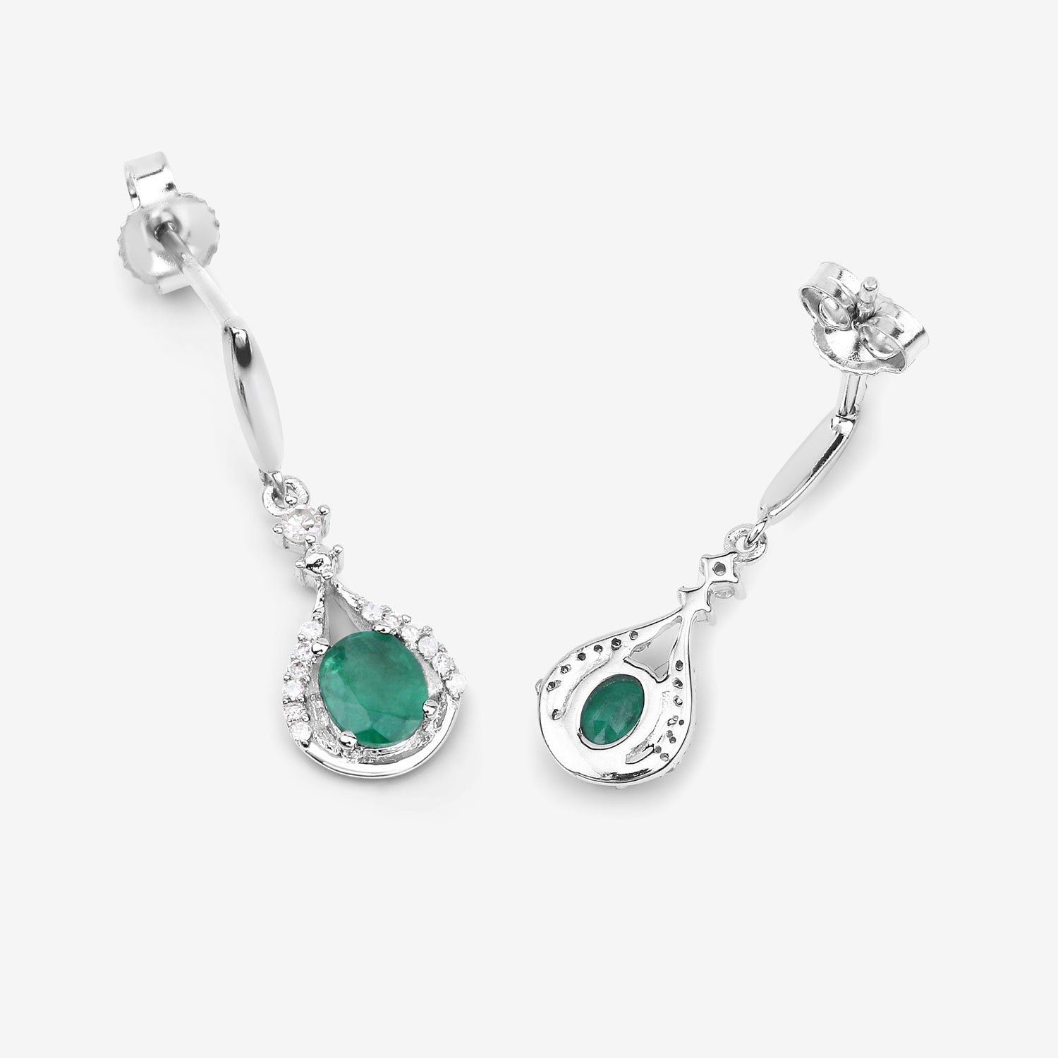 0.70 Ct Oval Green Zambian Emerald and Diamond 14K White Gold Dangle Drop Earrings