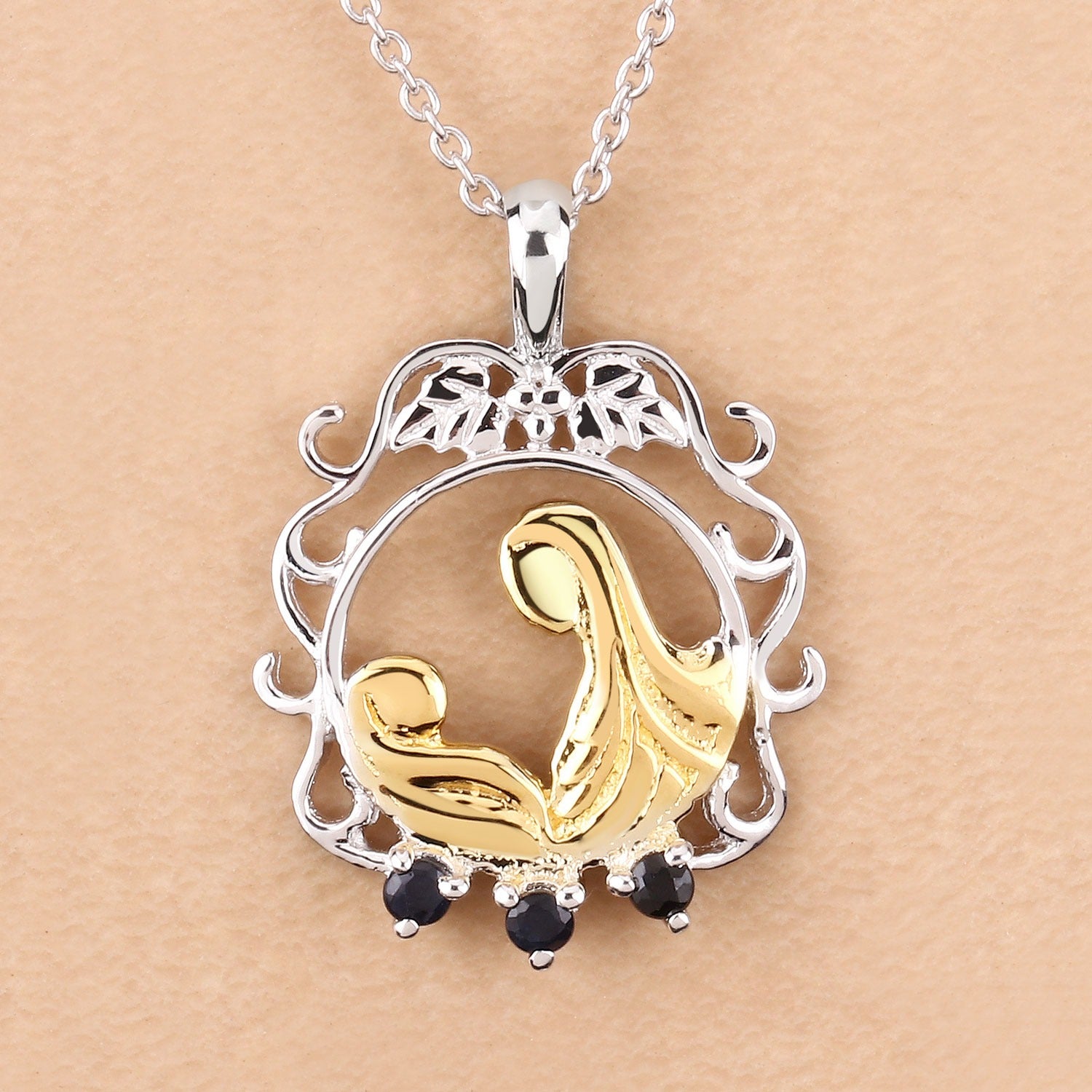 Round Blue Sapphire Prong Silver Pendant Necklace