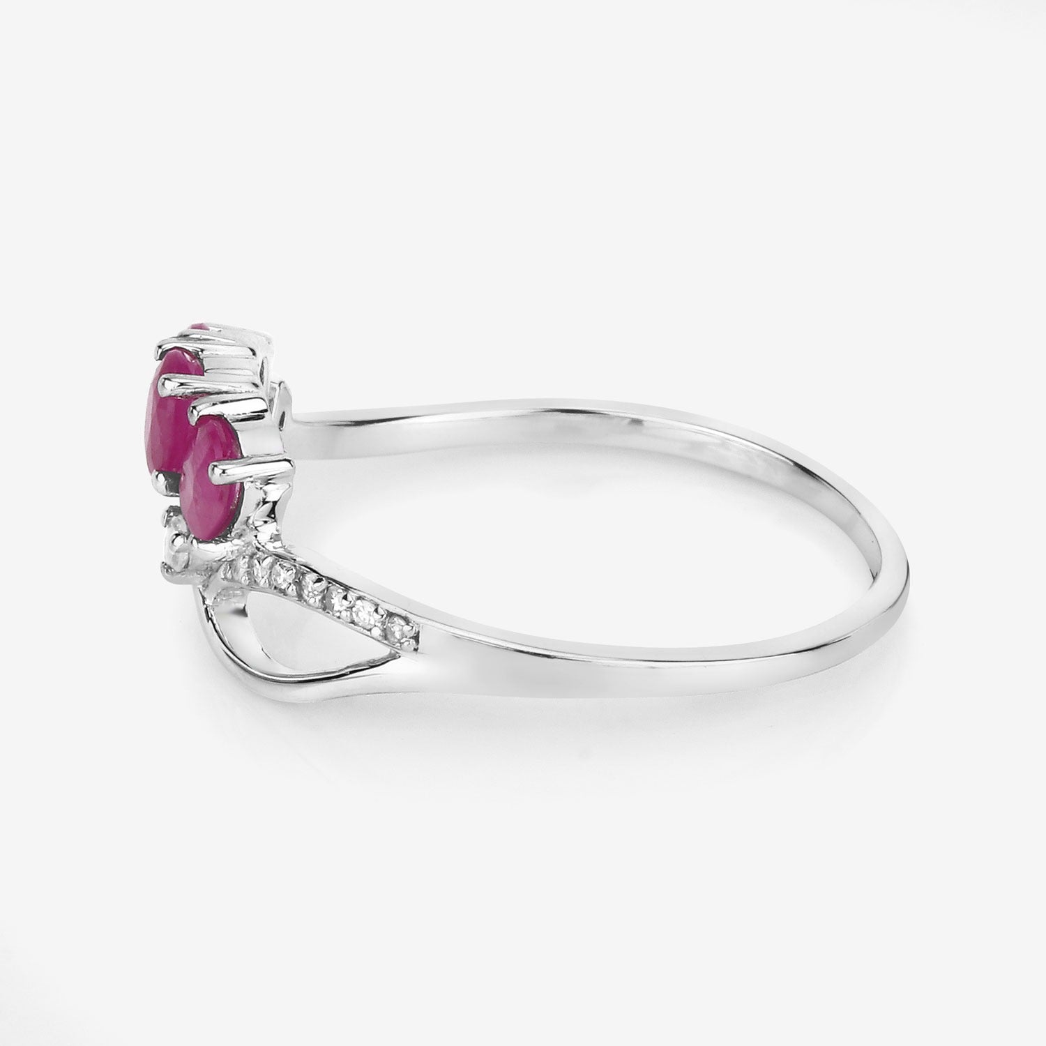 0.72 Ct Oval Shaped Pink Ruby and White Diamond Prong 14K White Gold Pave Three Stone Knot Ring