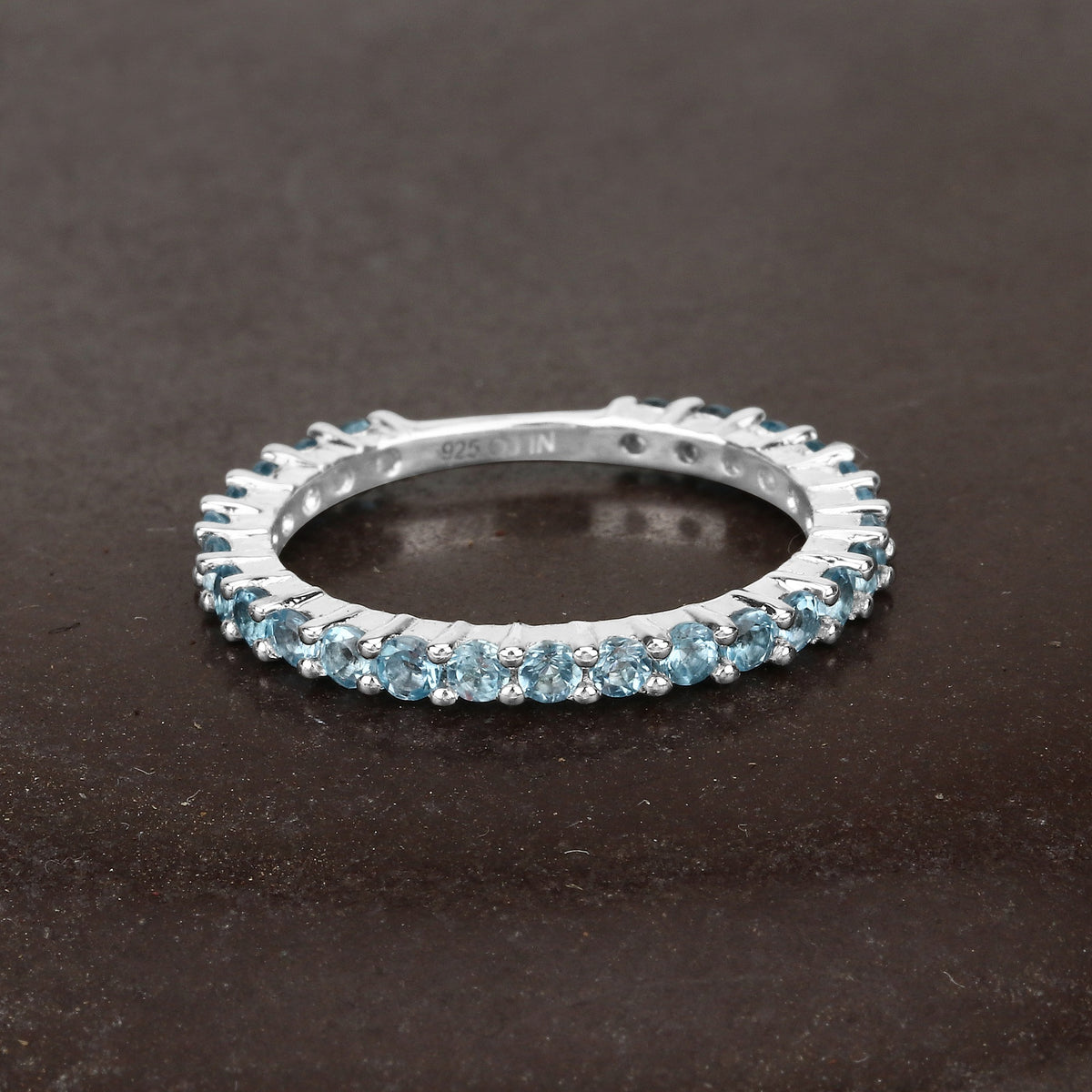 0.94 Ct Round Swiss Blue Topaz Rhodium Over 925 Sterling Silver Eternity Band Ring