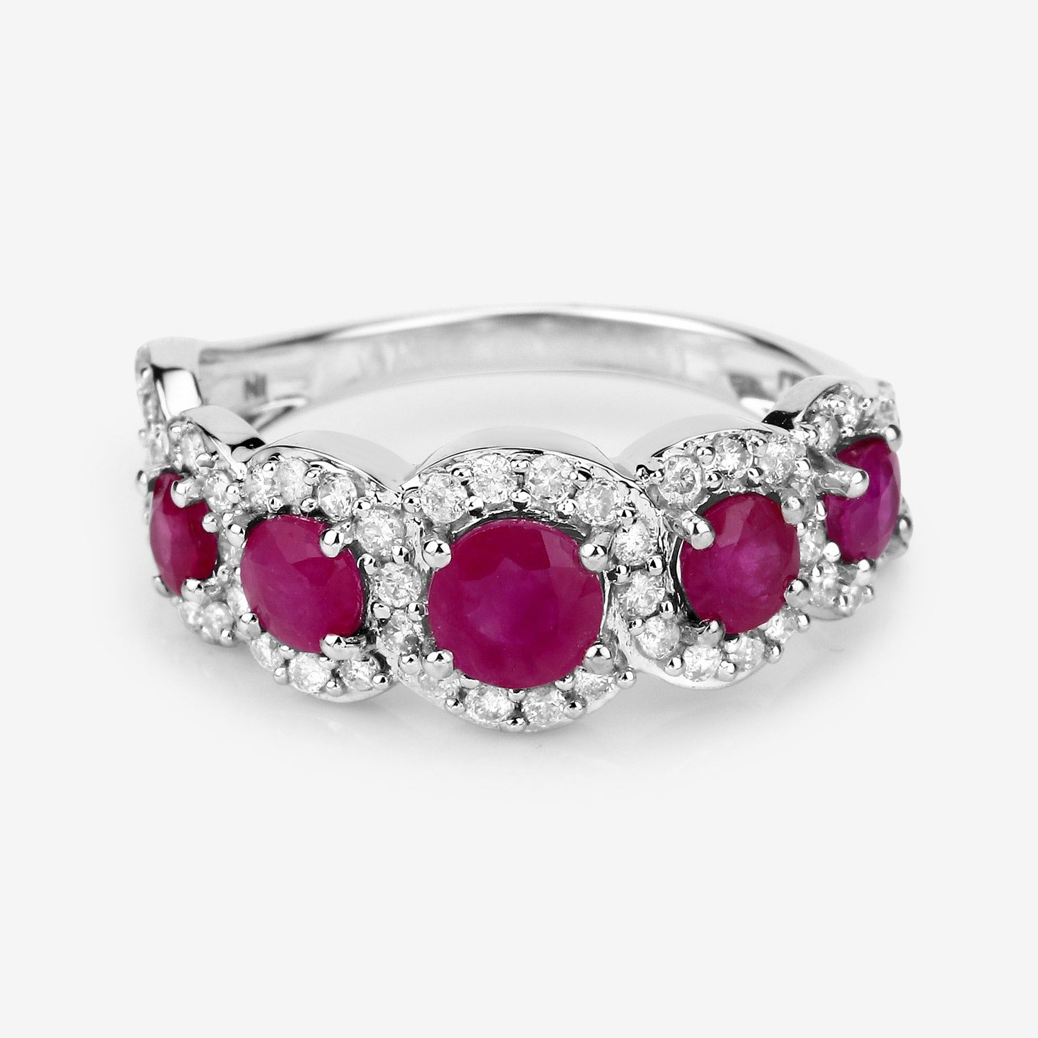 1.99 Ct Round Cut Pink Ruby and White Diamond Prong 14K White Gold Five Stone Halo Ring