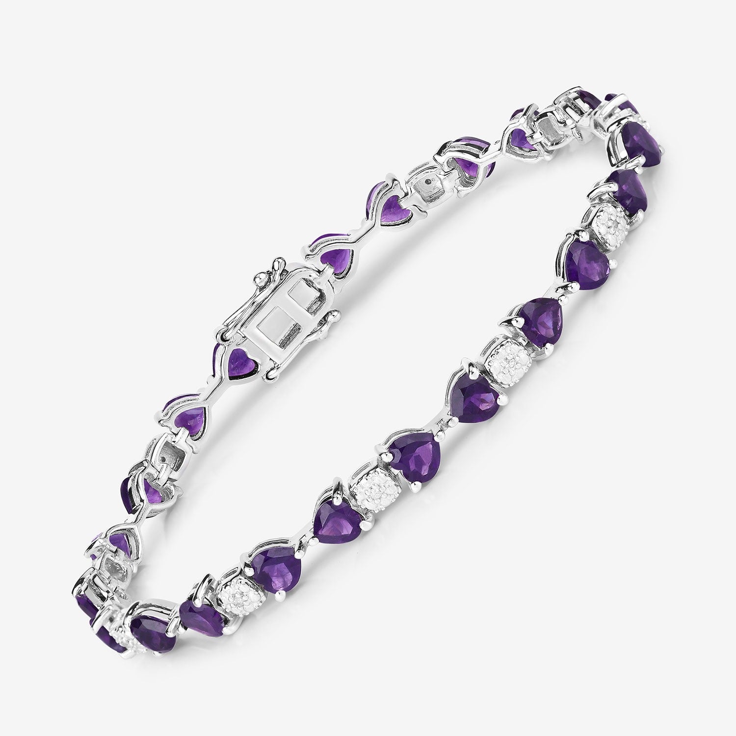 Silver bracelet with purple heart-shaped gemstones and white accents, Fine Color Jewels