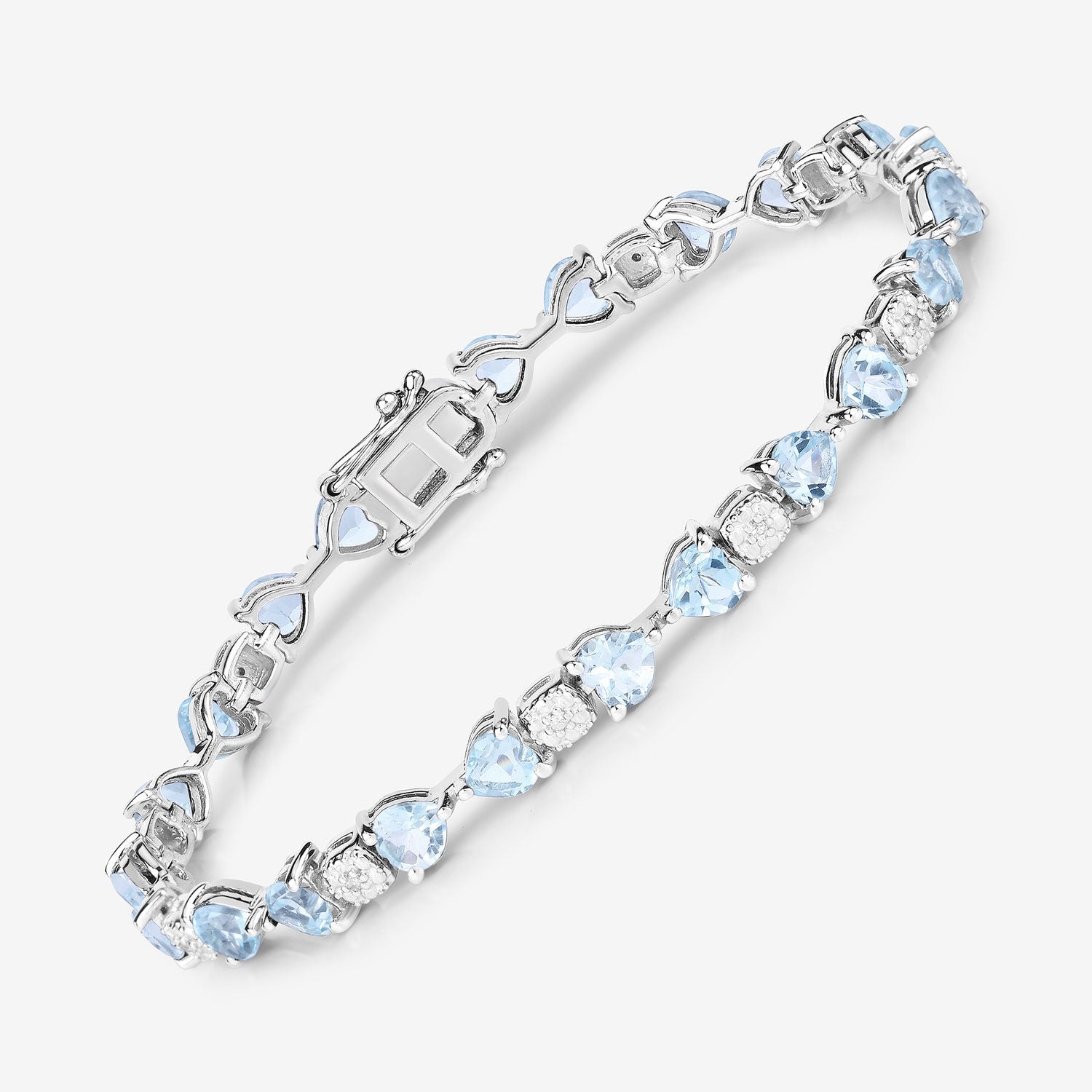 Genuine Blue Topaz and White Diamond Silver Heart  Bracelet