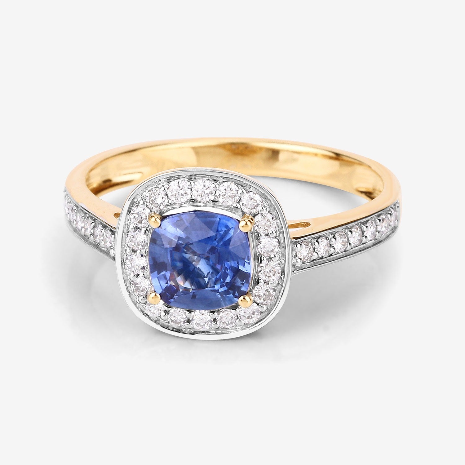 1.31 Ct Cushion Blue Sapphire and White Diamond Prong 18K Yellow Gold Halo Pave Bridge Ring