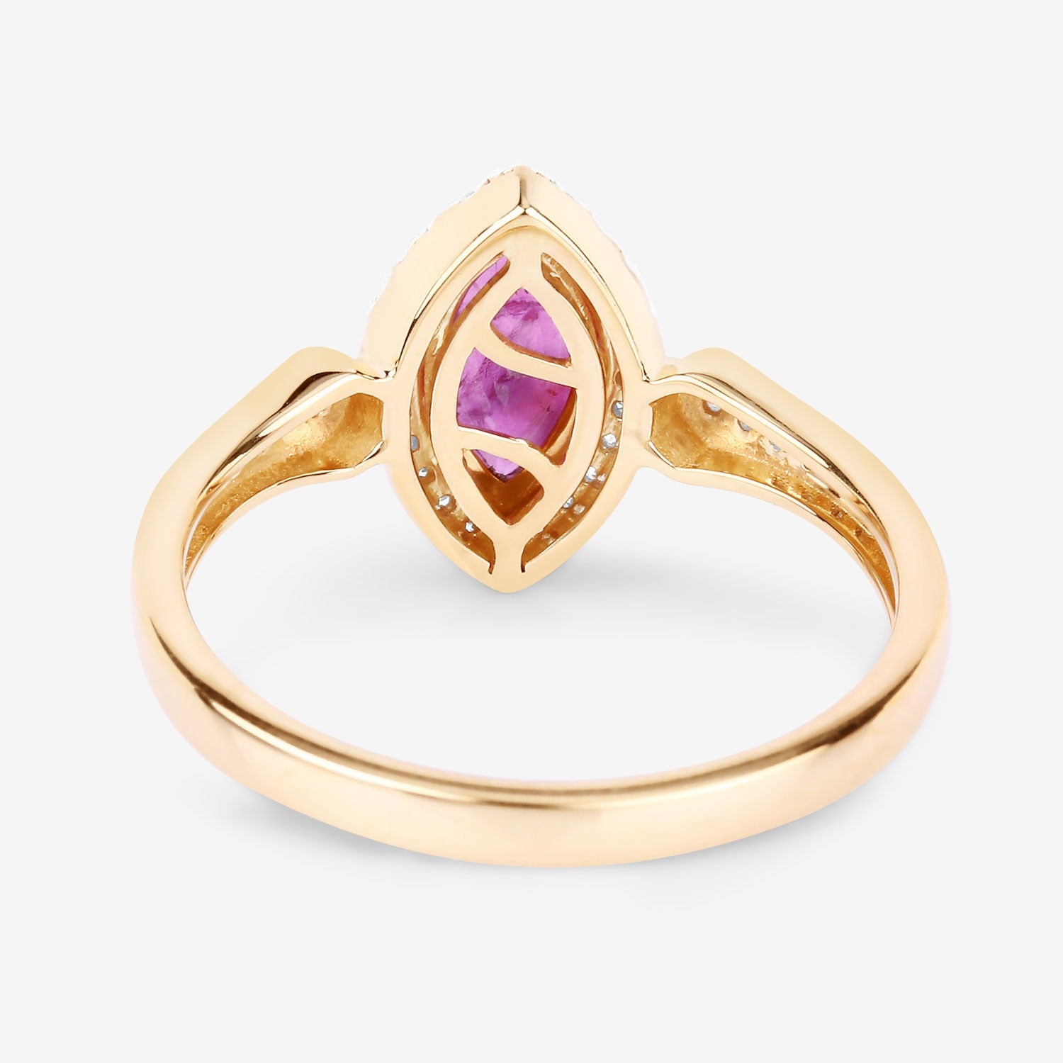 1.14 Ct Marquise Cut Pink Ruby and White Diamond Prong 14K Yellow Gold Halo Pave Ring