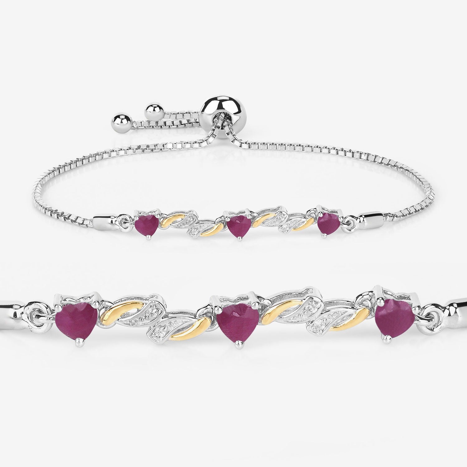 Genuine Ruby and White Sapphire Silver Heart Bracelet