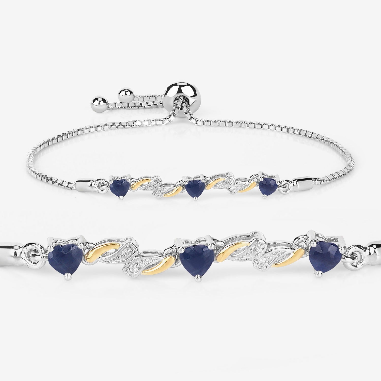 Genuine Blue Sapphire and White Sapphire Silver  Heart Bracelet
