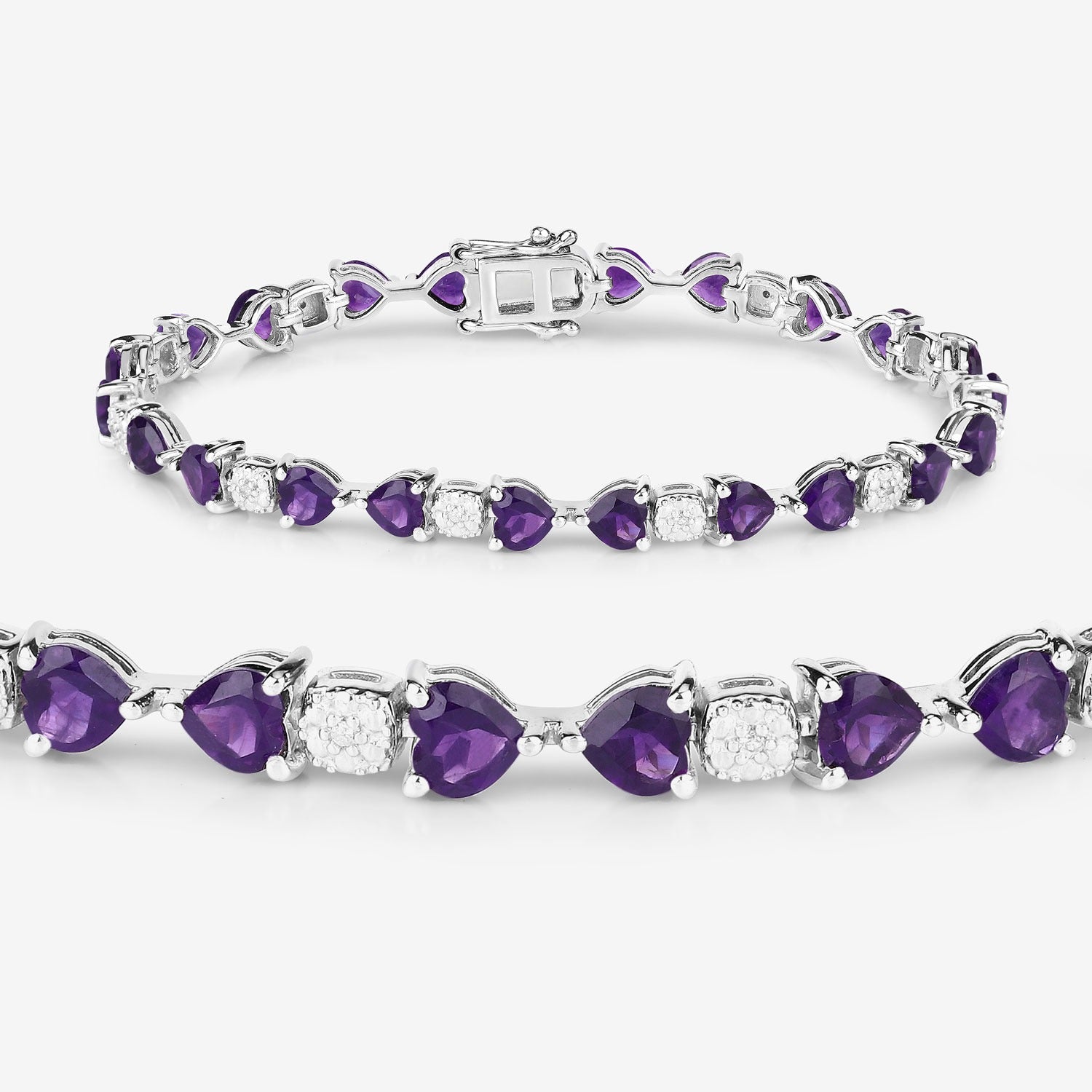 Silver bracelet with heart-shaped purple gemstones and diamond accents from Fine Color Jewels