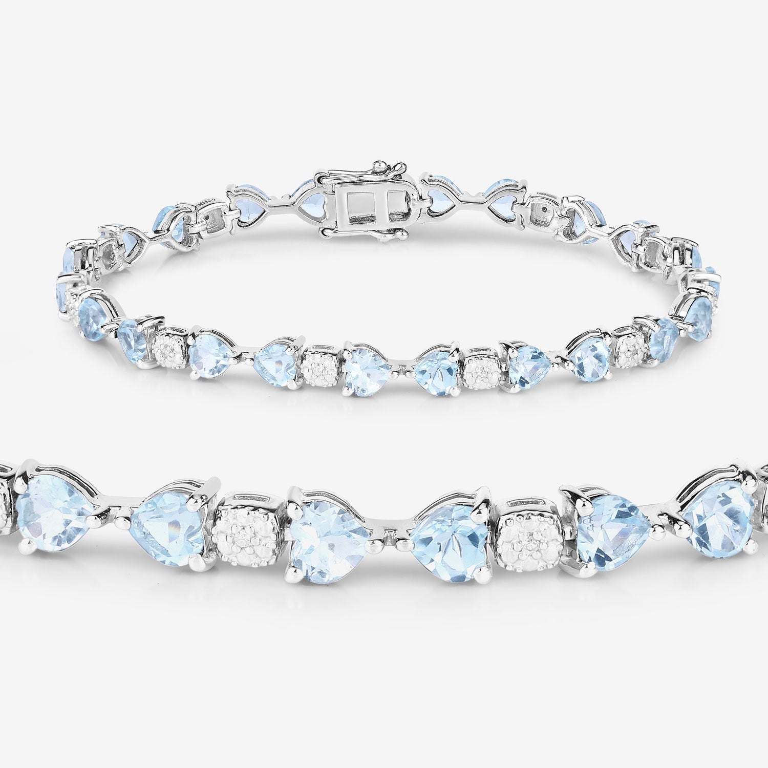 Genuine Blue Topaz and White Diamond Silver Heart  Bracelet