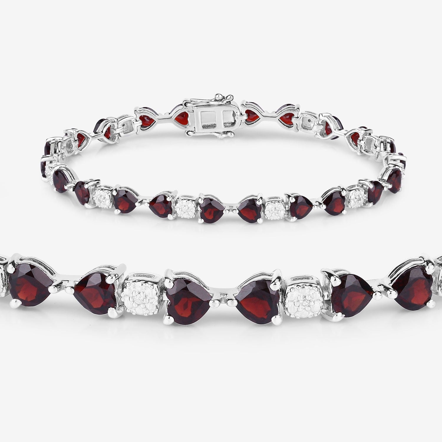 Genuine Red Garnet and Diamond Silver Heart Bracelet