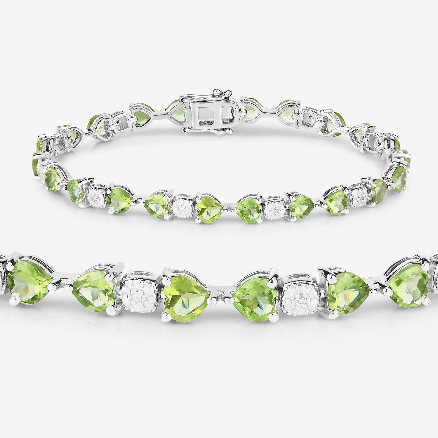 Genuine Peridot and Diamond Silver Heart Bracelet