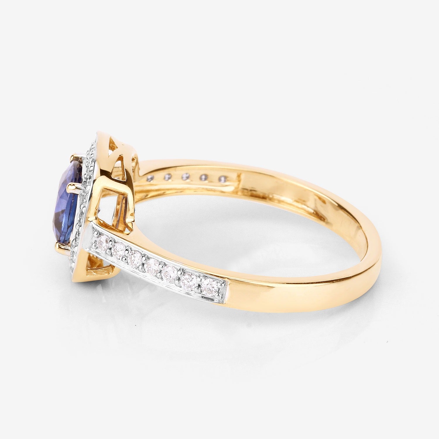 1.31 Ct Cushion Blue Sapphire and White Diamond Prong 18K Yellow Gold Halo Pave Bridge Ring