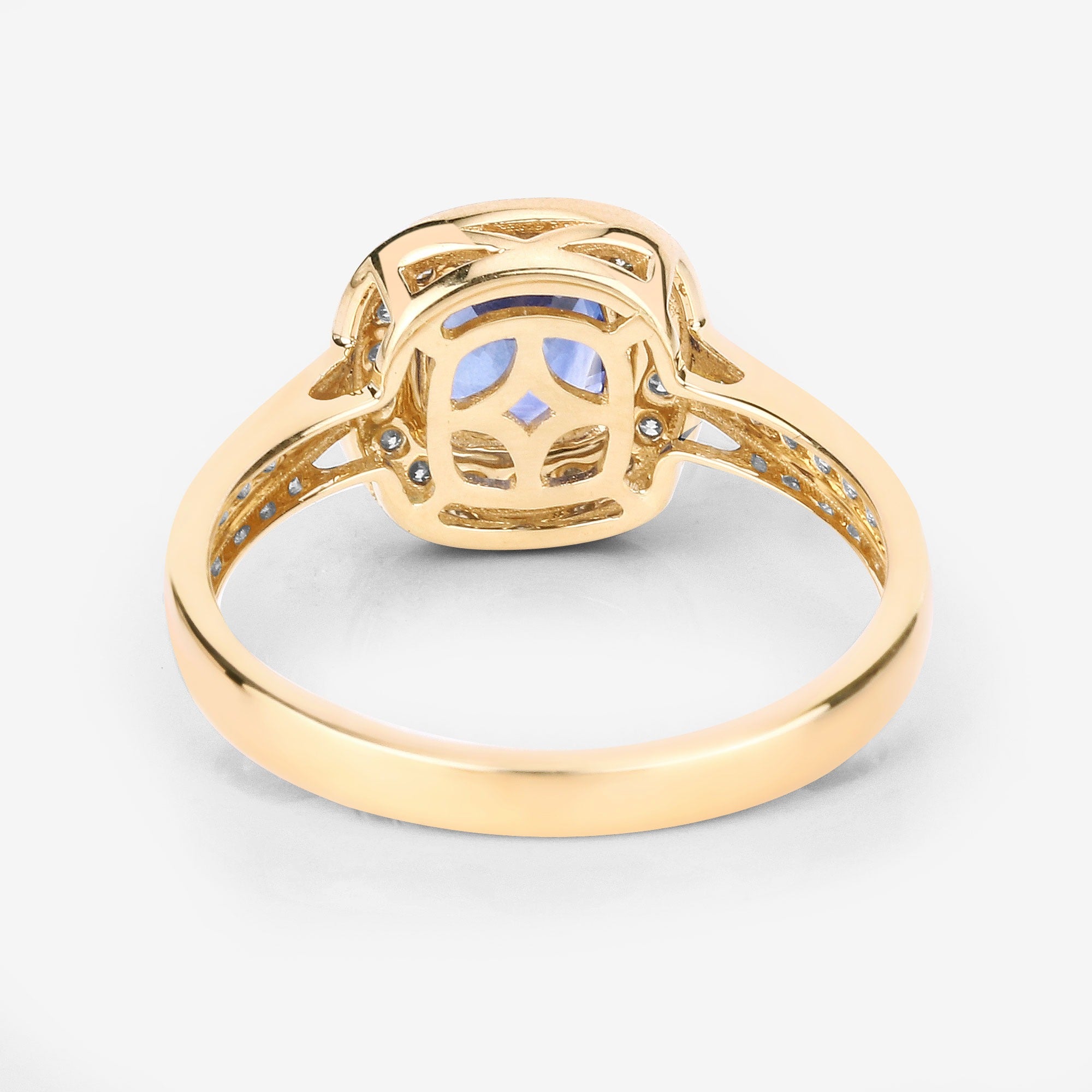 1.31 Ct Cushion Blue Sapphire and White Diamond Prong 18K Yellow Gold Halo Pave Bridge Ring