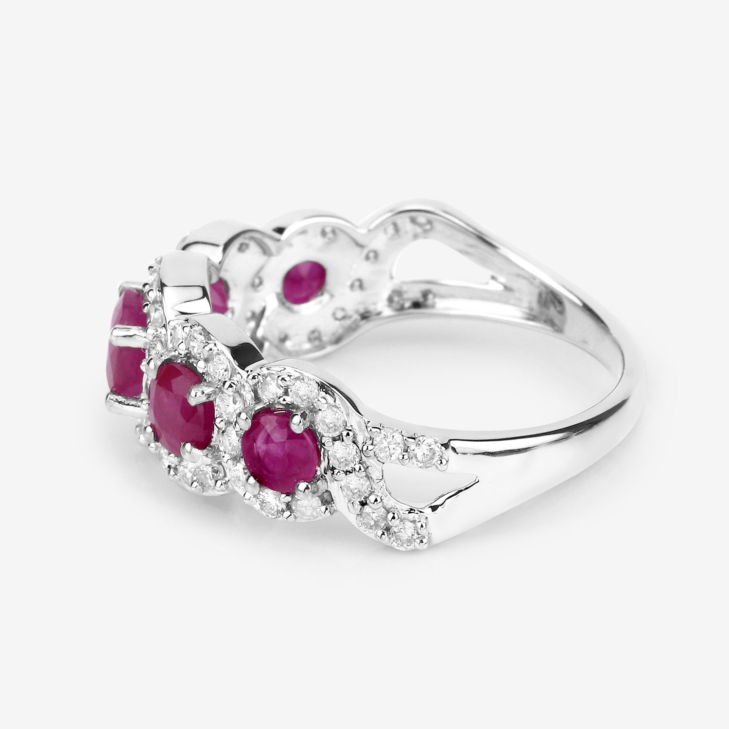 1.99 Ct Round Cut Pink Ruby and White Diamond Prong 14K White Gold Five Stone Halo Ring