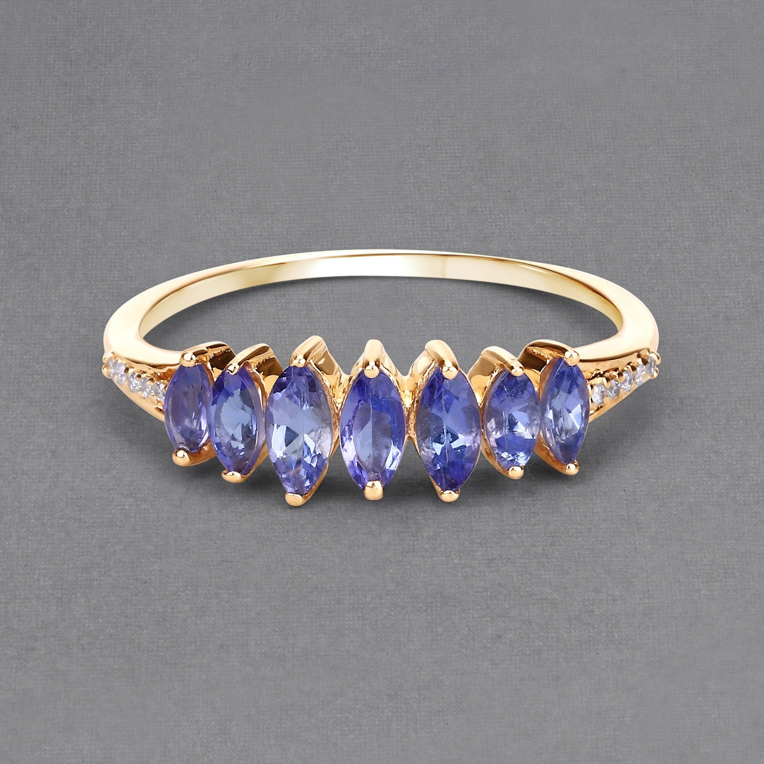 0.76 Ct Marquise Tanzanite and White Diamond Prong 14K Yellow Gold Statement Ring