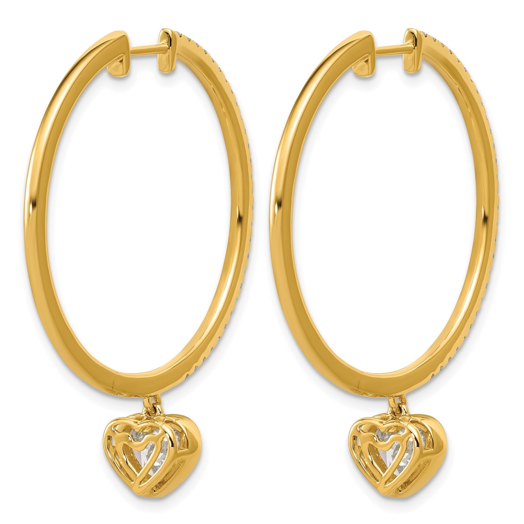 14k Yellow Gold Heart Bezel Dangle Lab Diamond Hoop Earrings