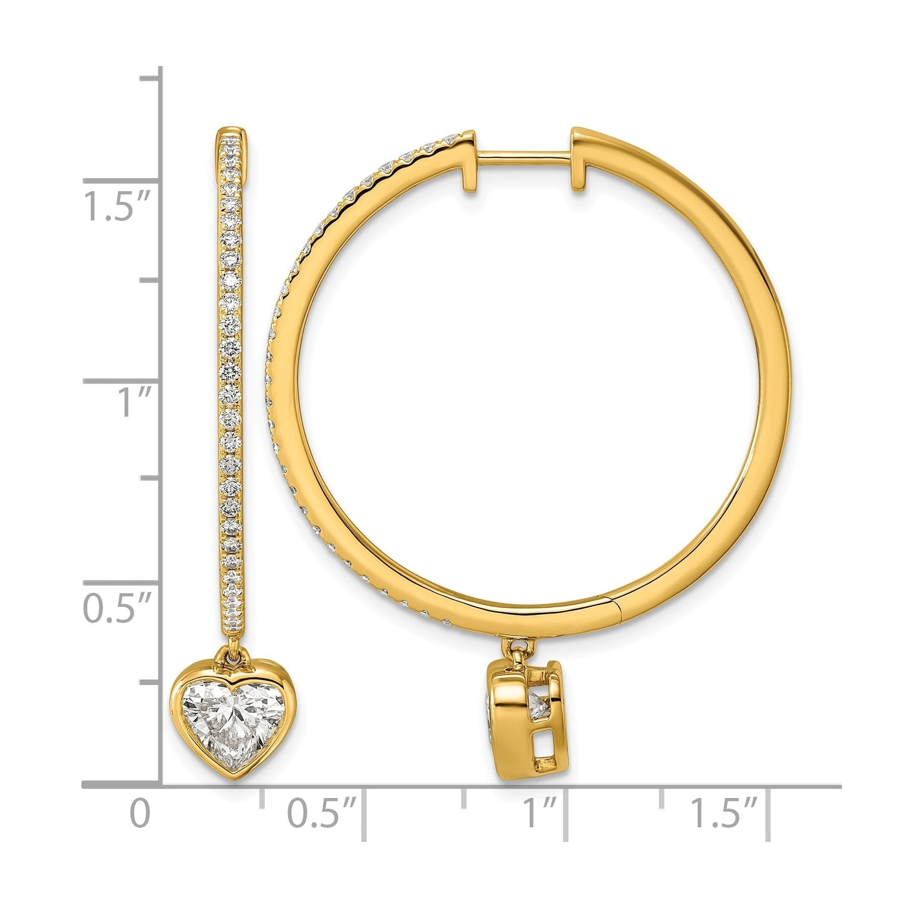14k Yellow Gold Heart Bezel Dangle Lab Diamond Hoop Earrings