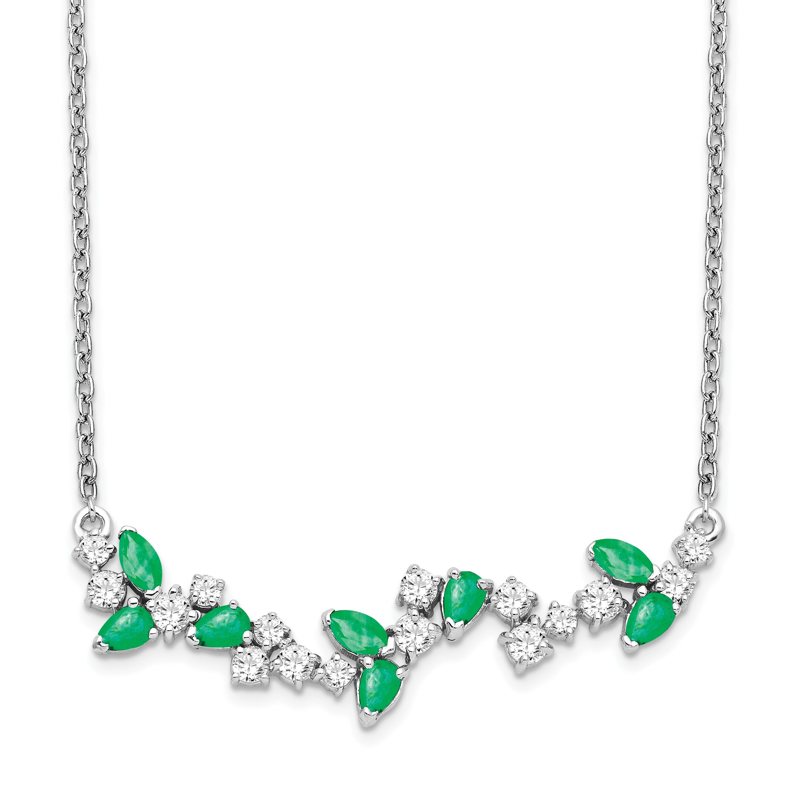 0.95 Ct Marquise Green Emerald and Diamond Prong 14k White Gold Floral Bar Necklace