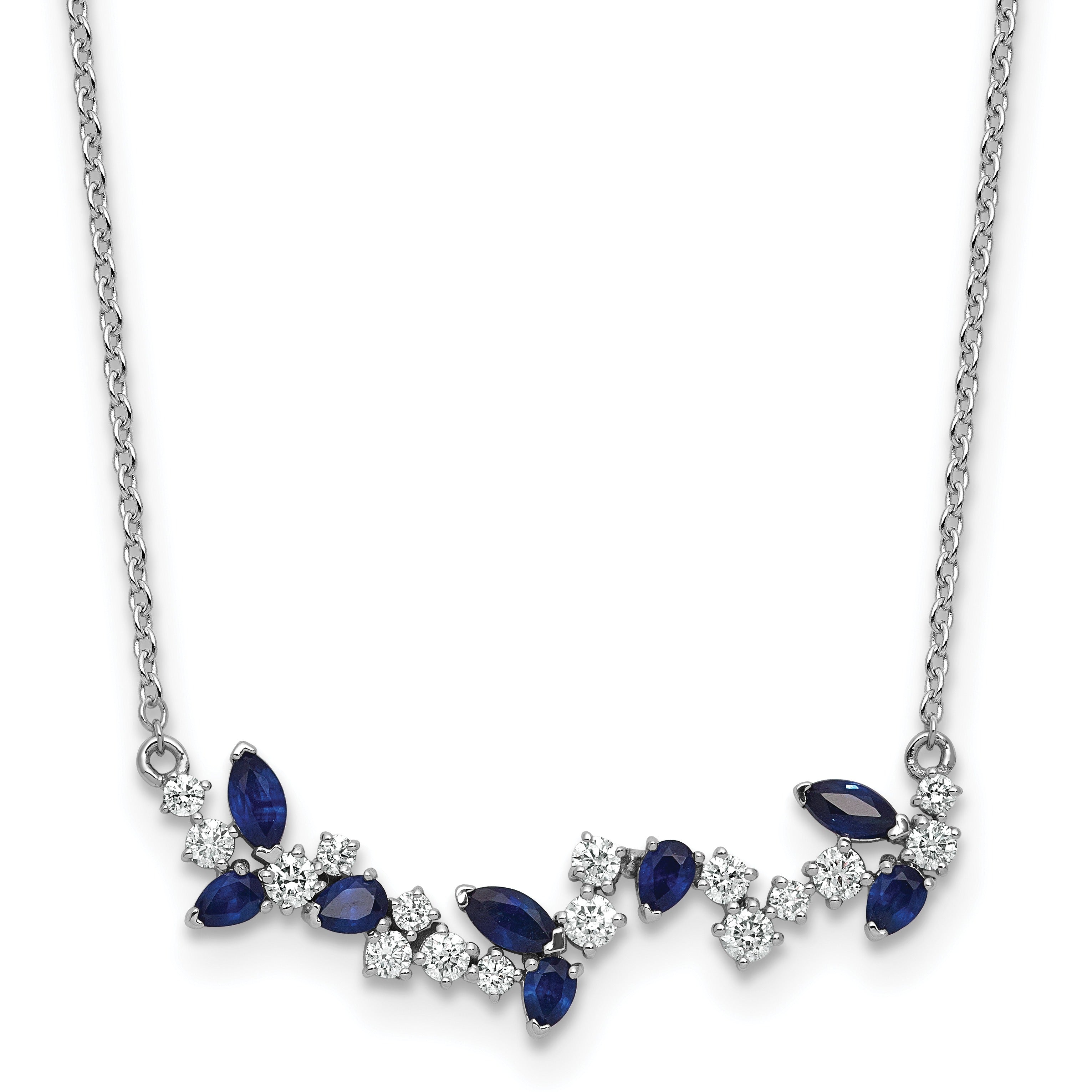 0.95 Ct Marquise Blue Sapphire and Diamond Prong 14k White Gold Floral Bar Necklace