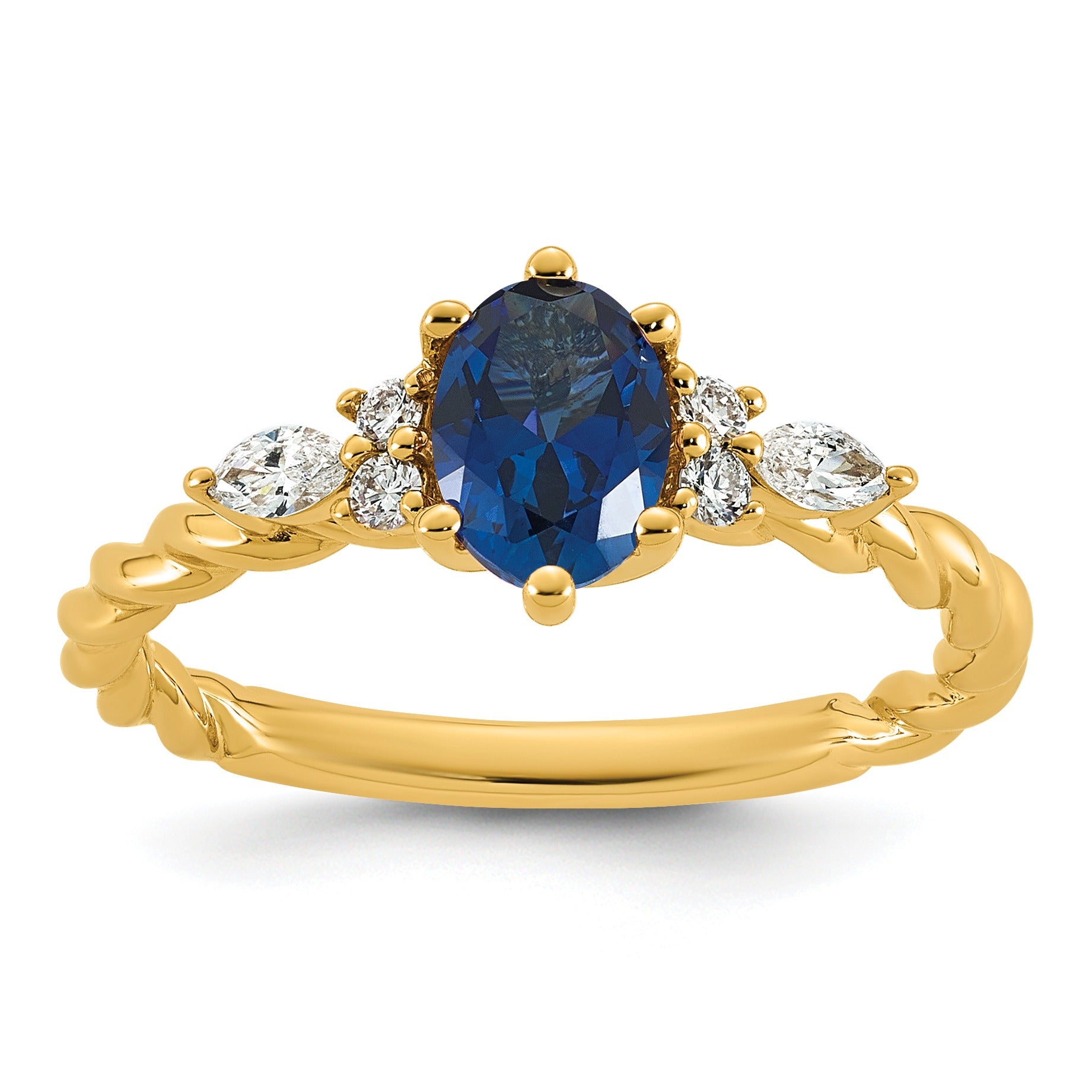 1.12 Ct Oval Blue Created Sapphire & Lab Diamond 6 Prong 14K Gold Twisted Cluster Ring