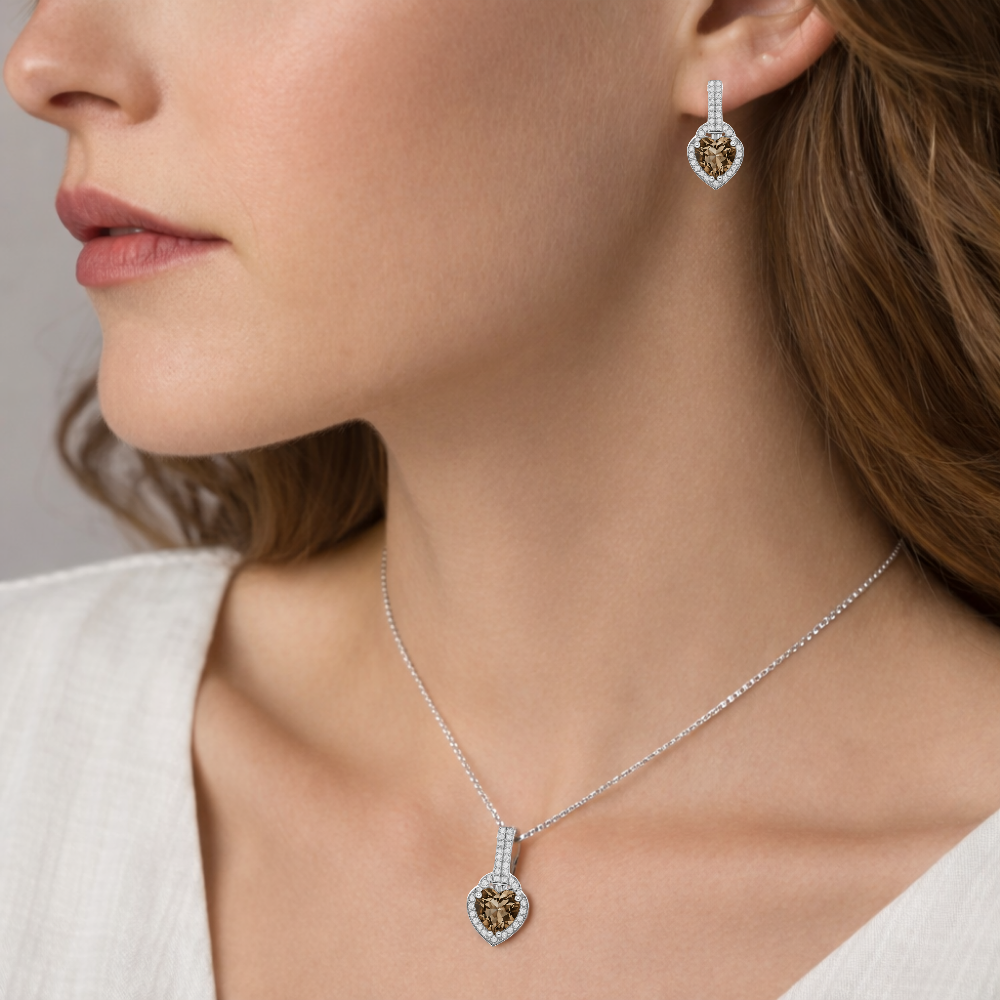 Natural Brown Quartz Heart Sterling Silver Jewelry Set