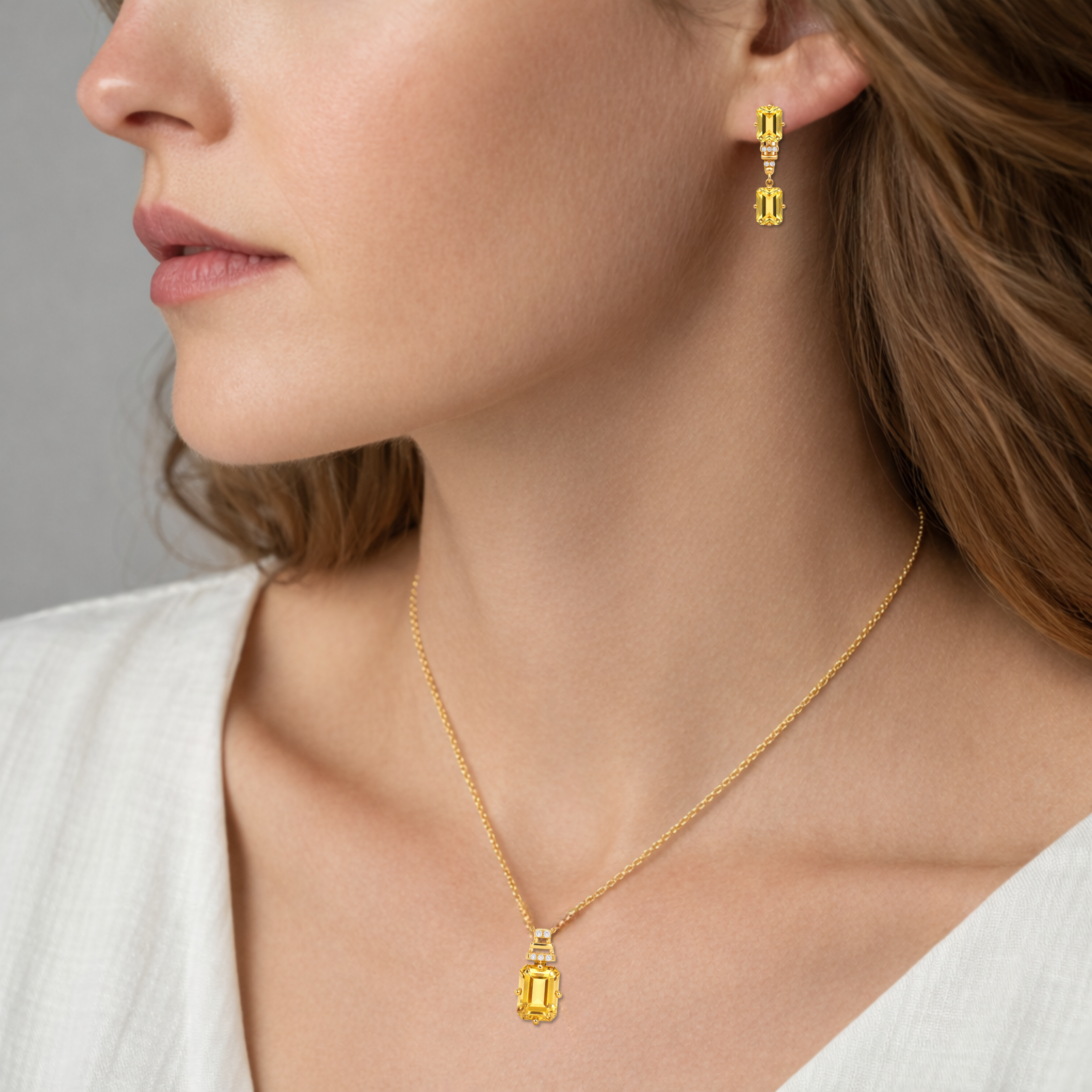 Natural Citrine Octagon Silver Drop Jewelry Set