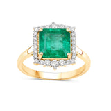 14K Gold Natural Green Zambian Emerald Diamond Halo Ring