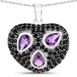 Genuine Amethyst and Black Spinel Heart Pendant Necklace