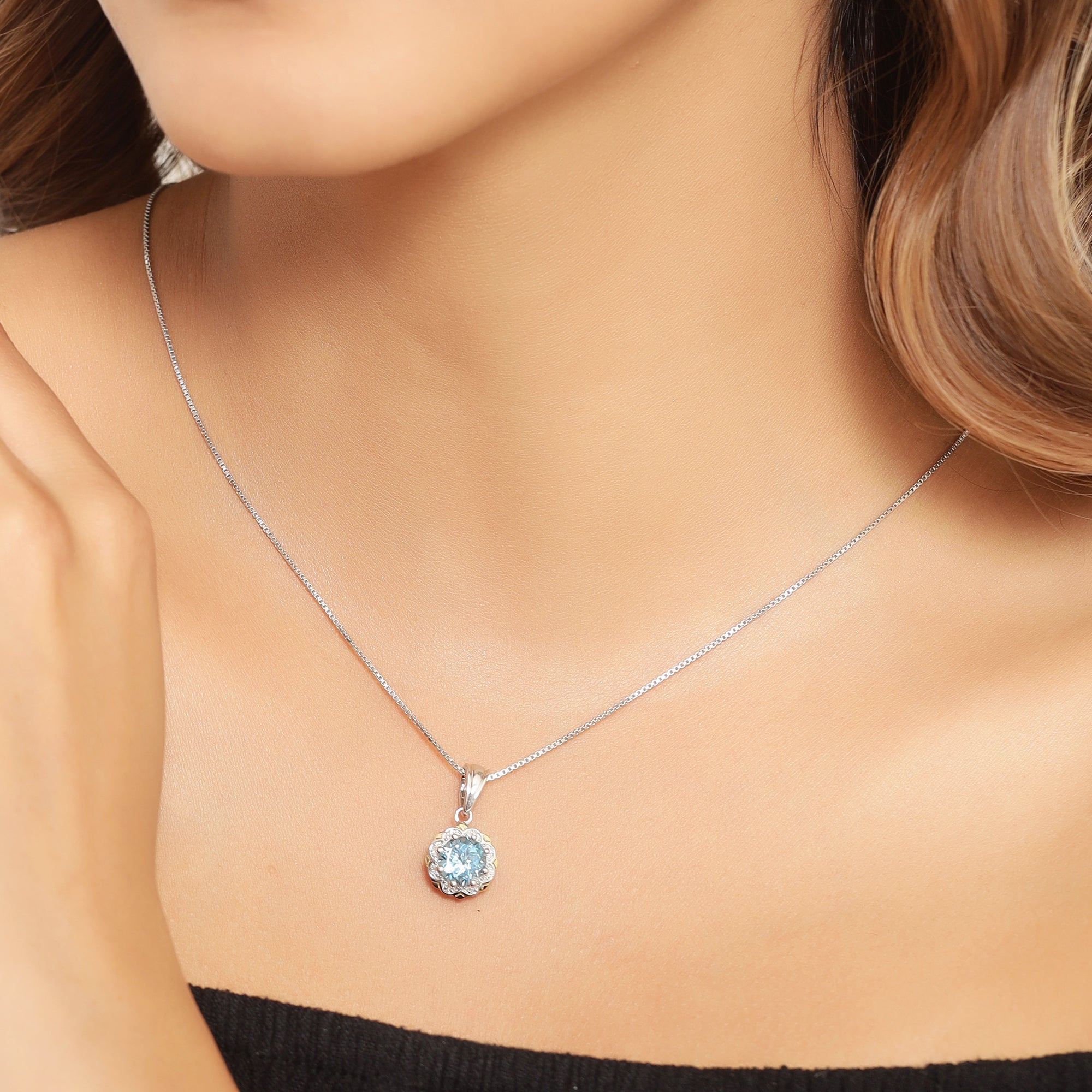 14K Gold Genuine Swiss Blue Topaz and Diamond Necklace
