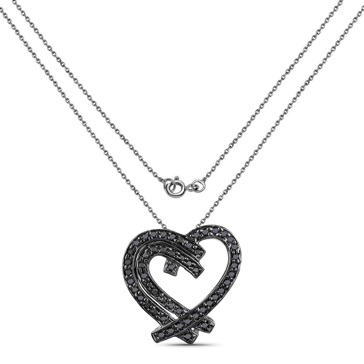 0.57 Cttw Round Black Diamond Pavé Black Rhodium over Silver Double Heart Pendant Necklace