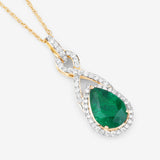 Genuine Zambian Emerald and White Diamond 14K Gold Crossover Pendant